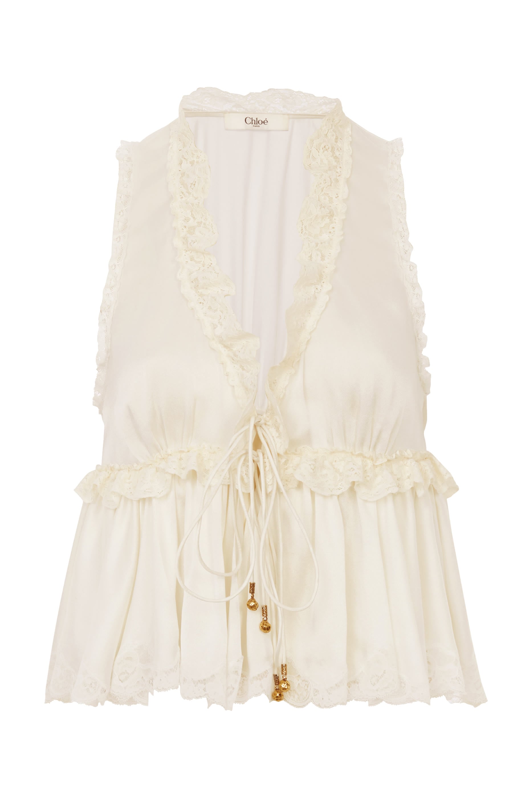  Tie-Front Sleeveless Top in Washed Silk Satin & Lace