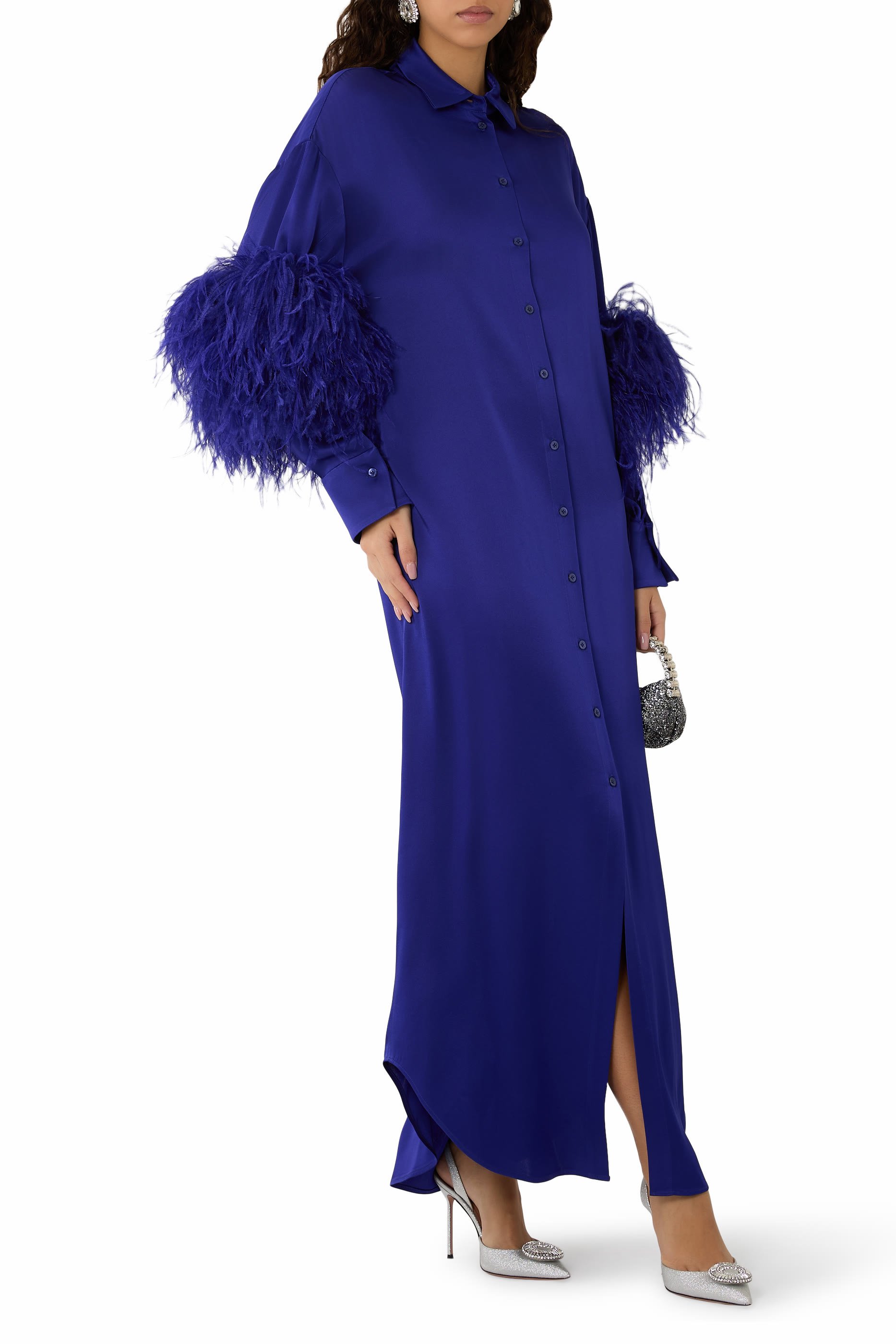 Satin Long Button Down Dress with Feathers