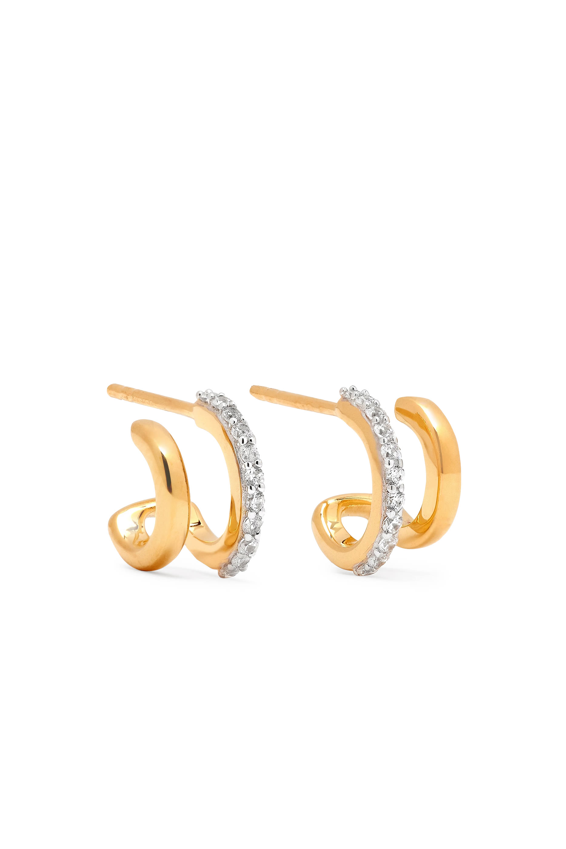 Classic Double Huggies, 18K Yellow Gold with Sterling Silver & Cubic Zirconia