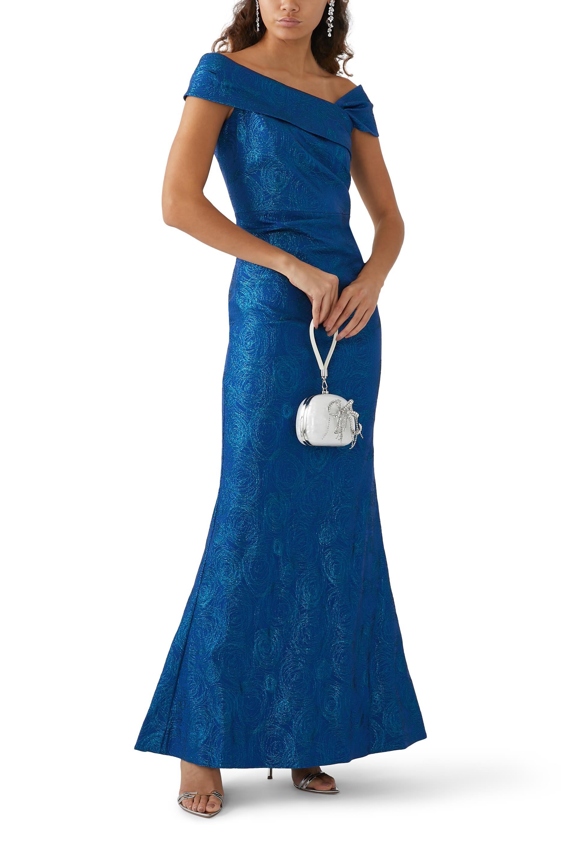 Stretch Jacquard Asymmetrical Swirl Gown