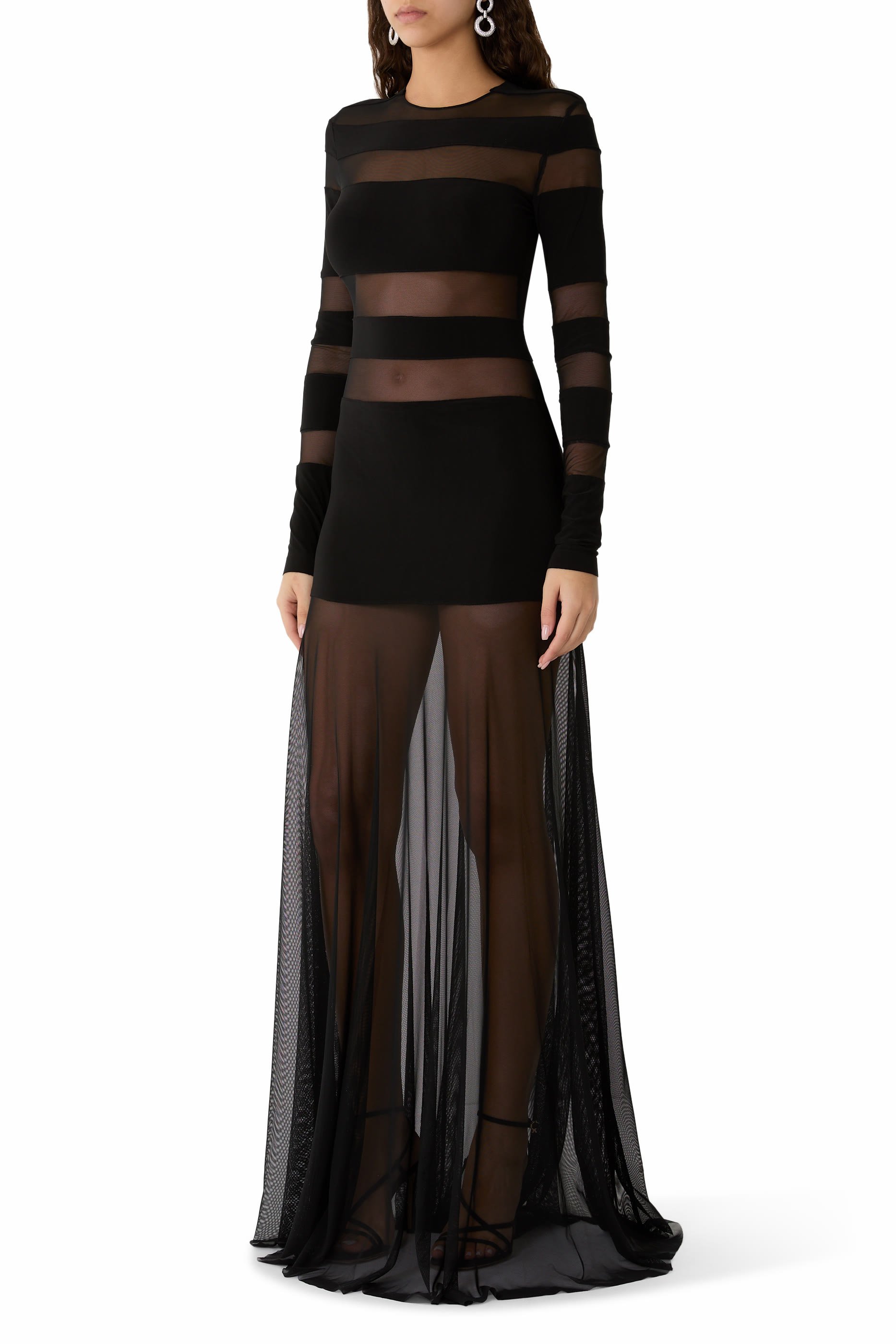 Spliced Long Sleeve Flared Gown with Mesh Skirt