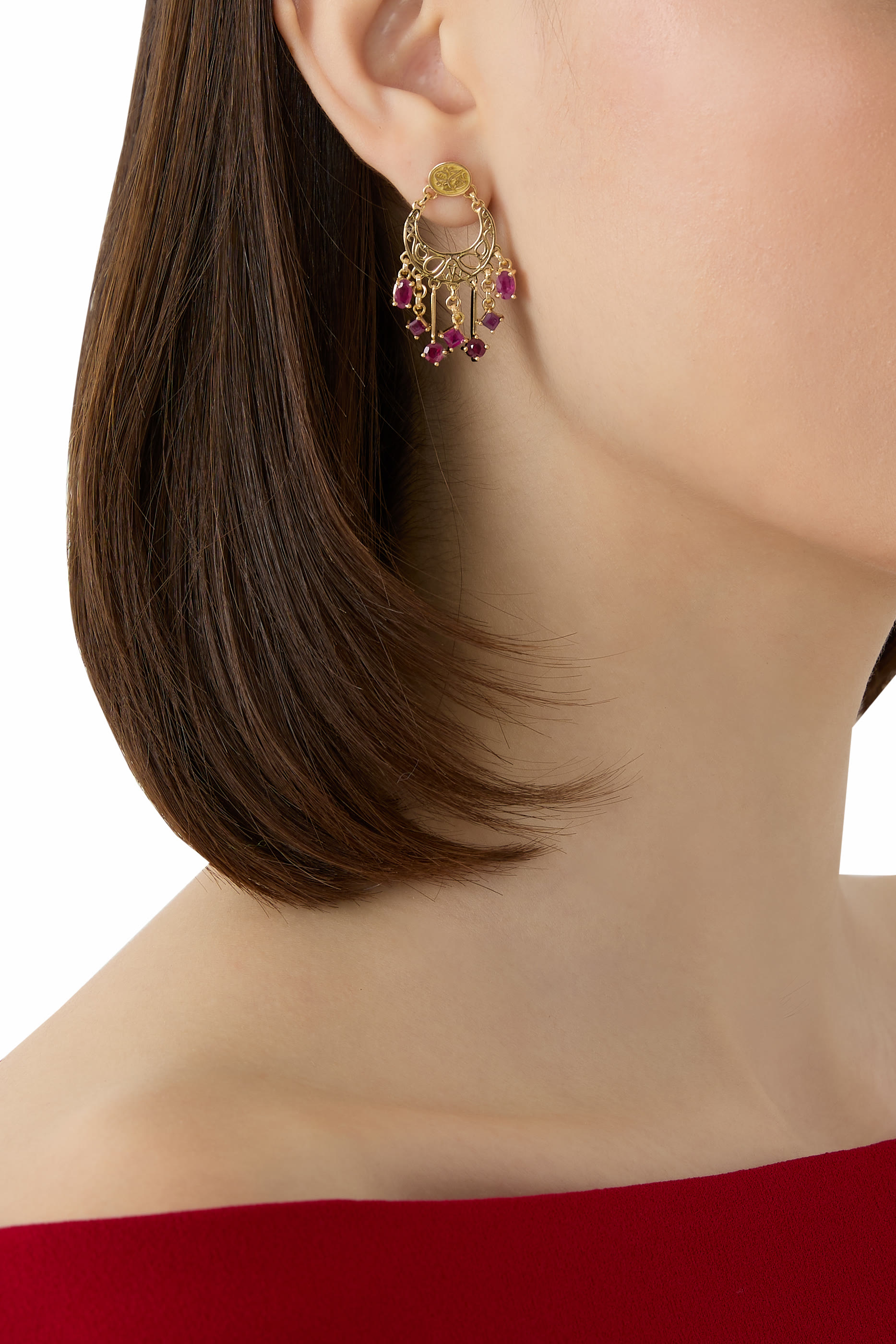 Falahy Stone Earrings, 18k Yellow Gold & Ruby
