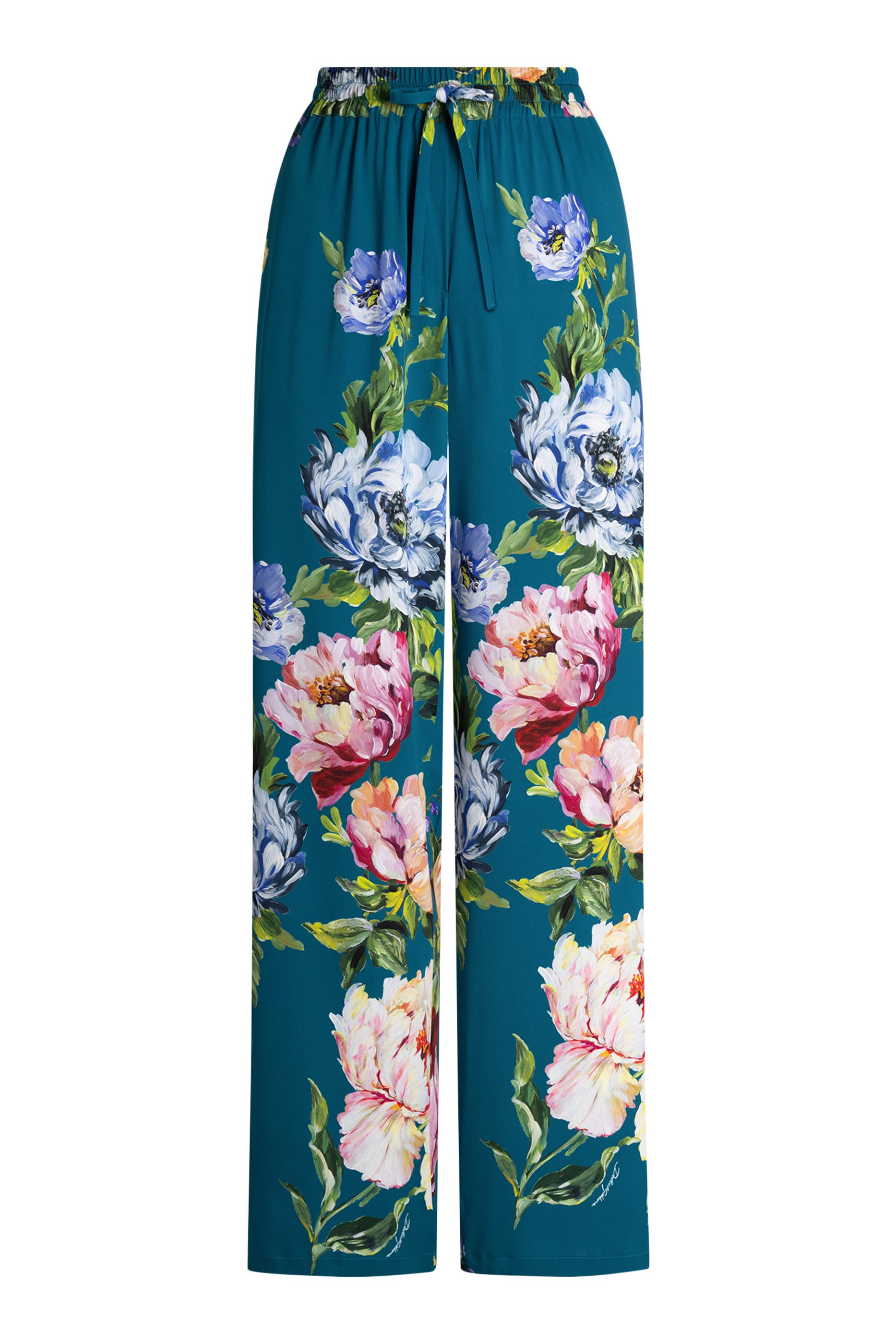 Peony-Print Silk Vanity Trousers