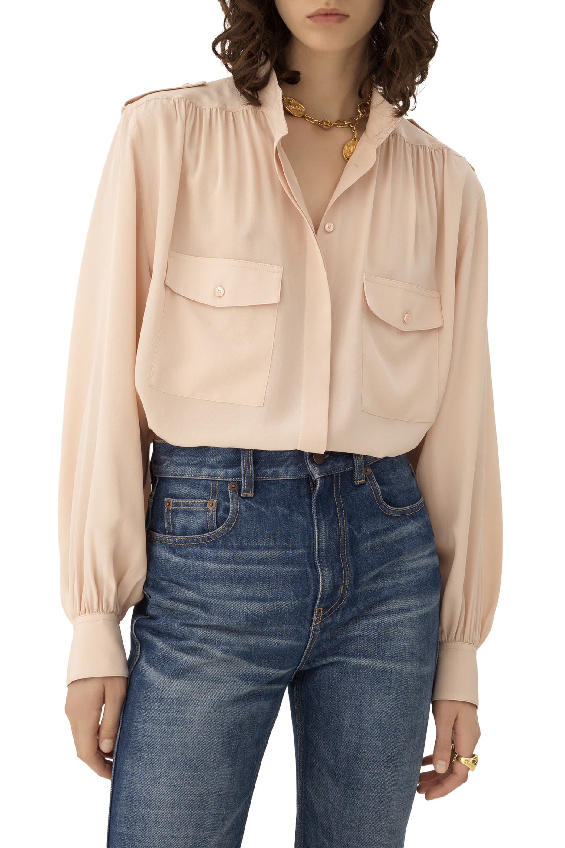 High-Neck Gathered Blouse