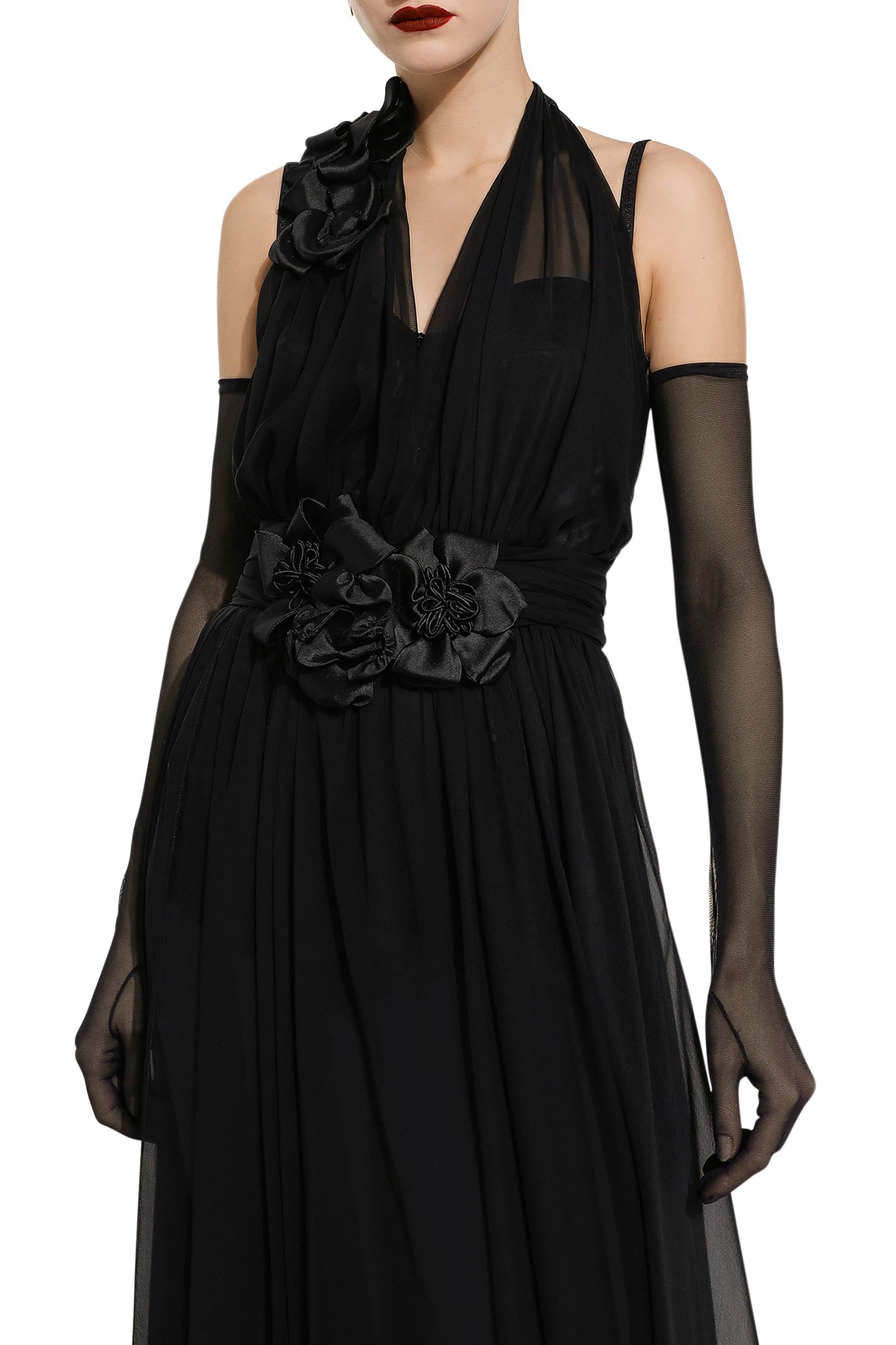 Silk Chiffon Dress with Floral Appliqué