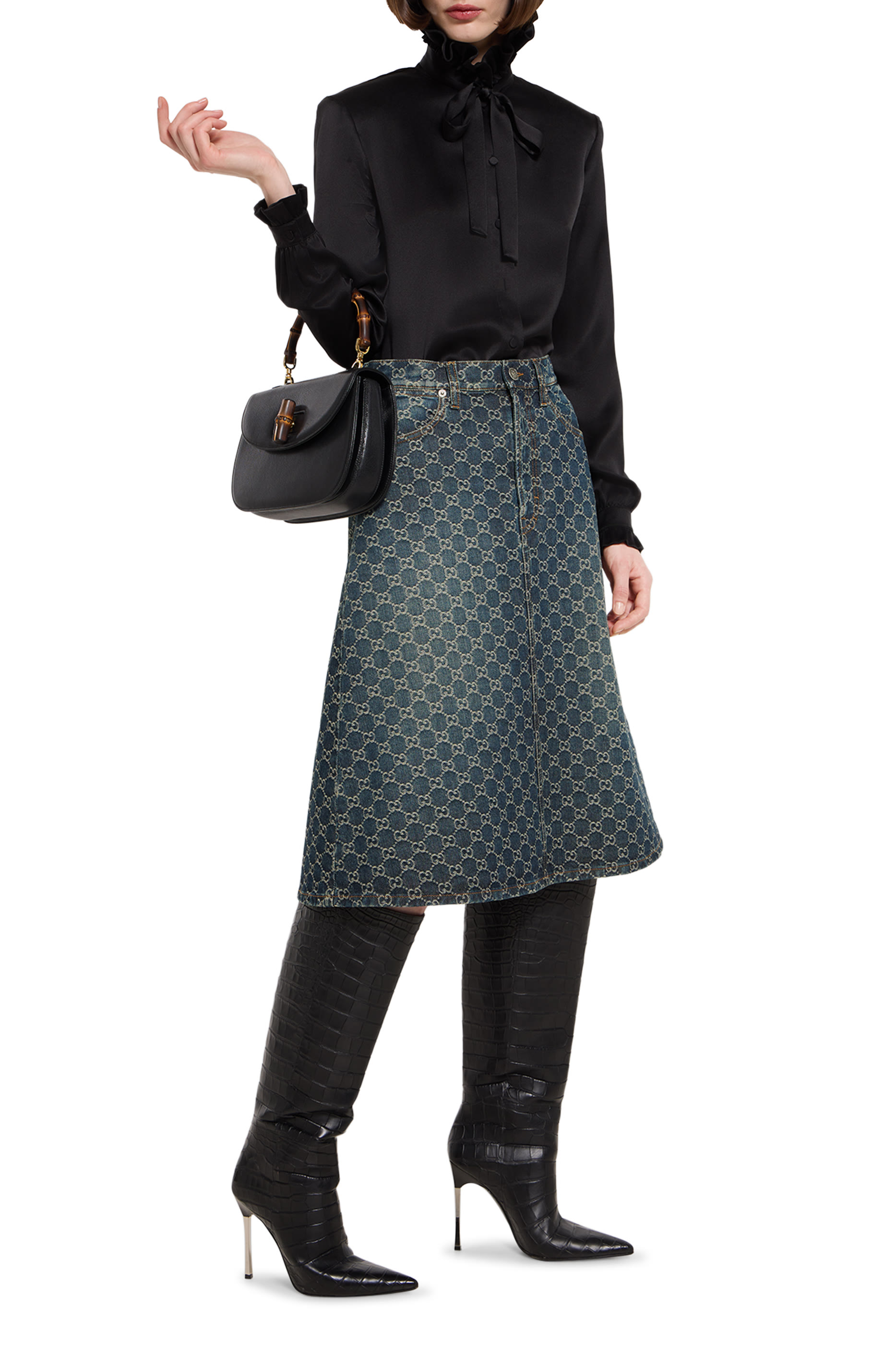 GG Cotton Denim Jacquard Skirt