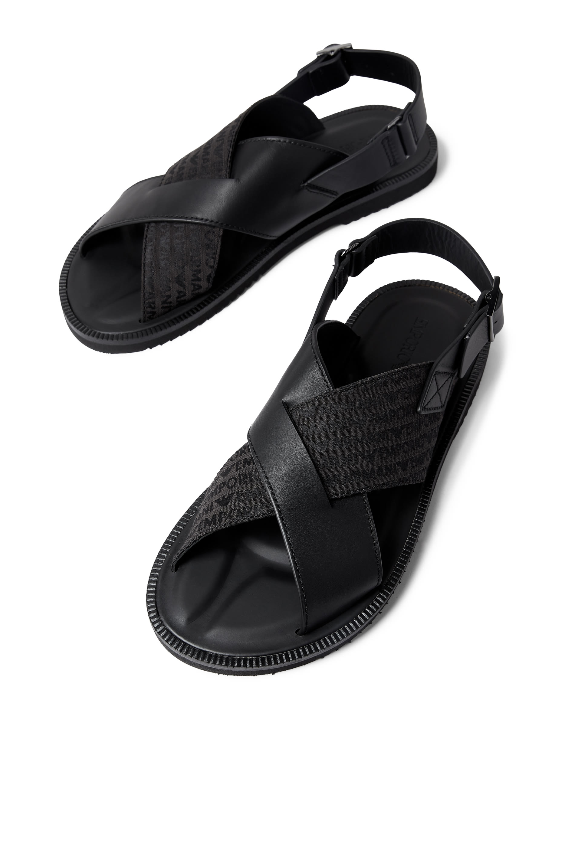 Cross-Strap Leather and Jacquard Fabric Sandals 