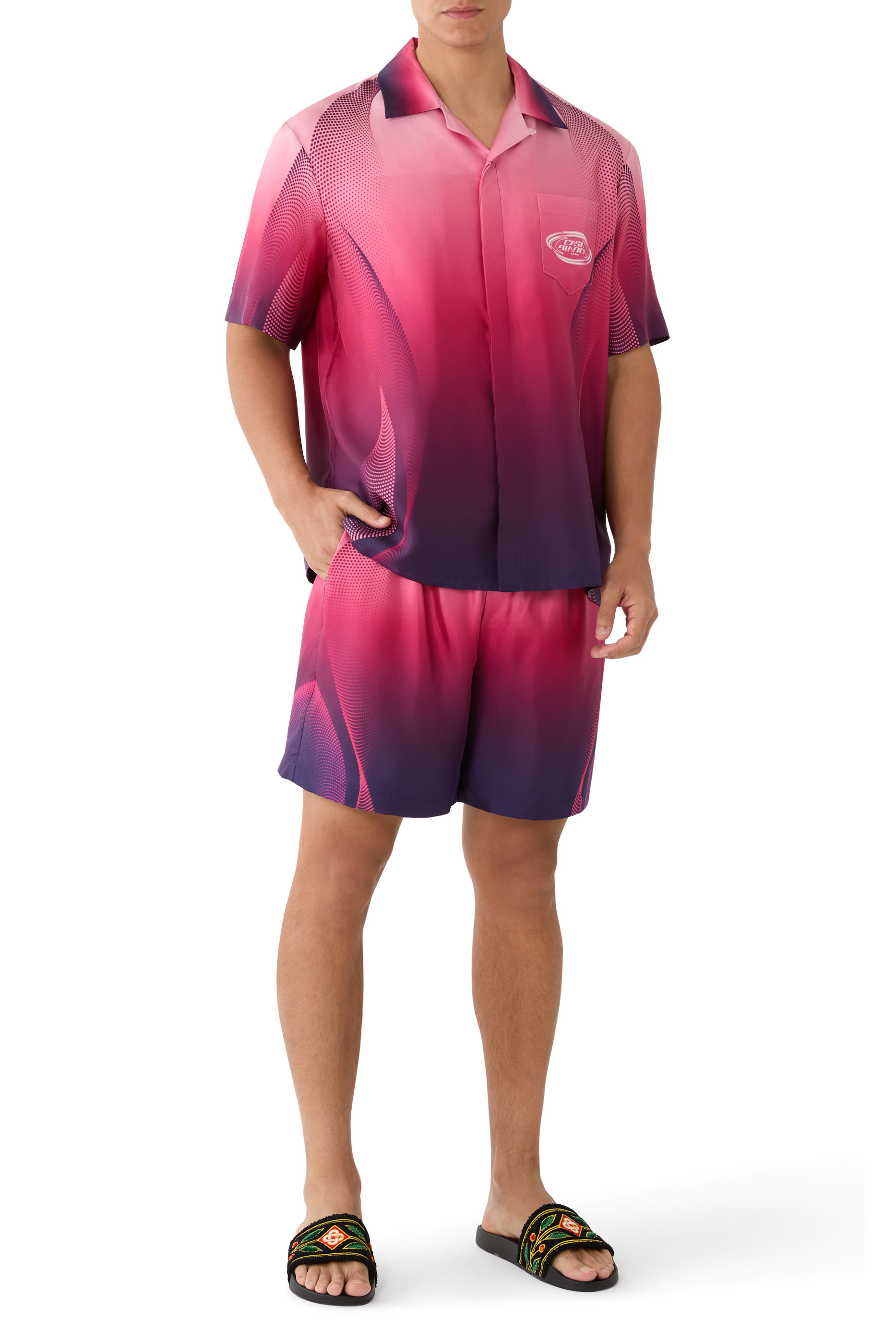 Aubergine Gradient Cuban Collar Short Sleeve Silk Shirt 