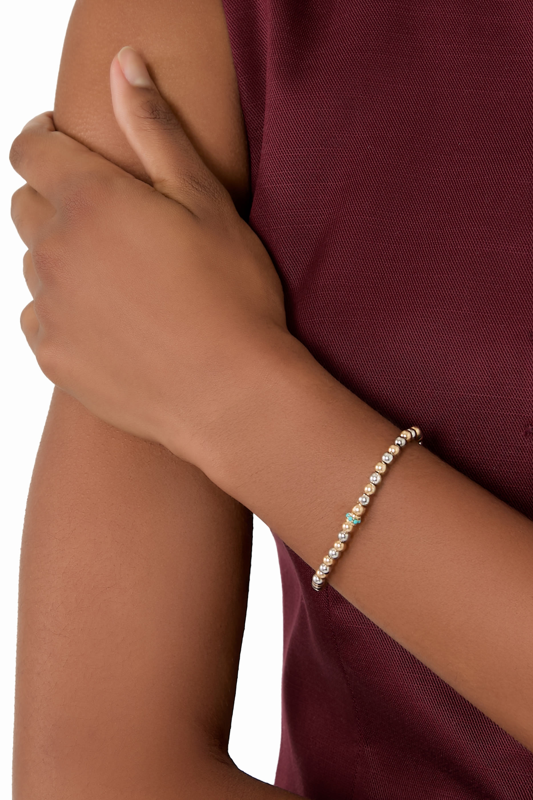 Scallop Rondelle Two-Tone Beaded Bracelet, 14K Yellow Gold & Turquoise