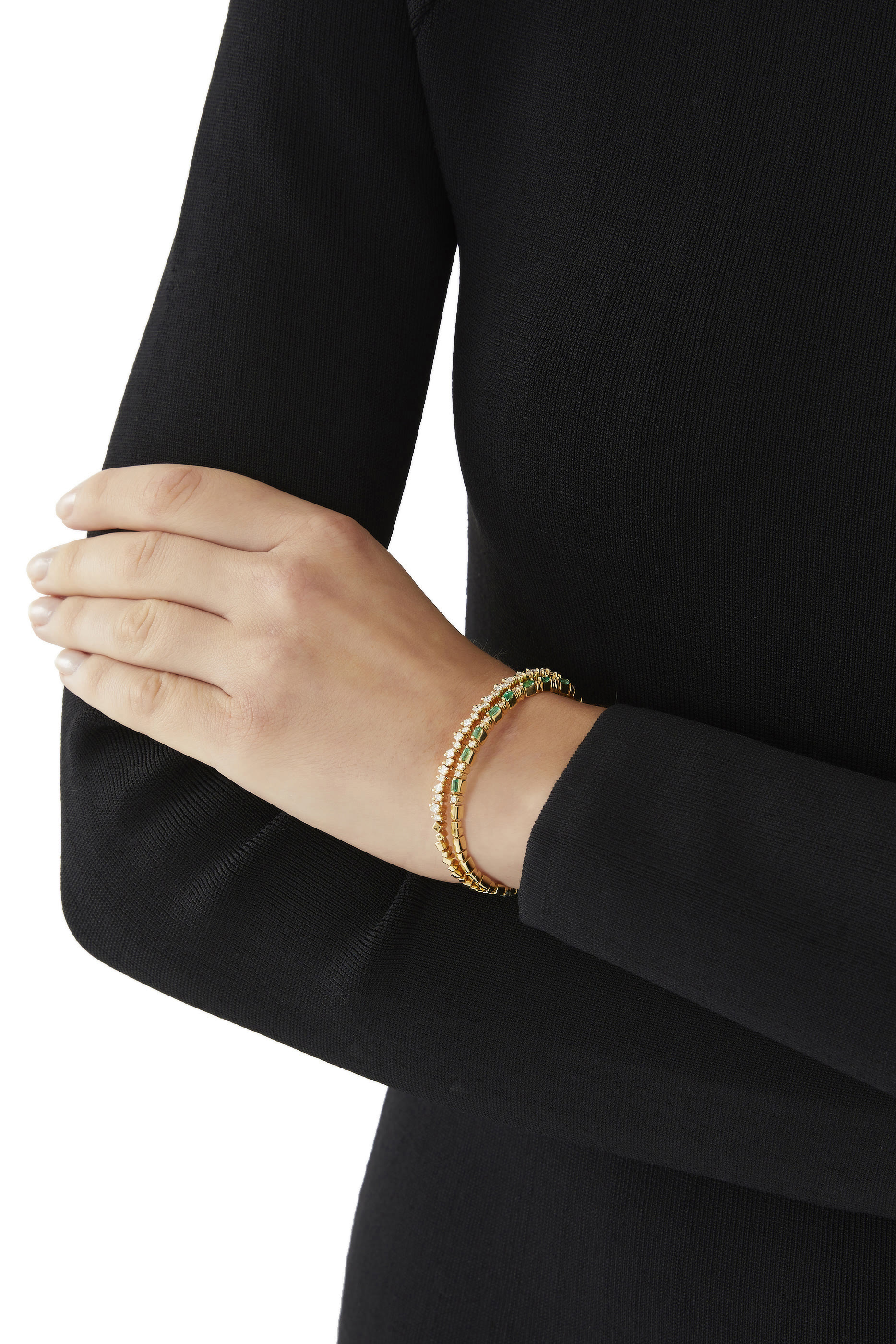 Uneven Bracelet, 18k Gold with Emeralds & Diamonds
