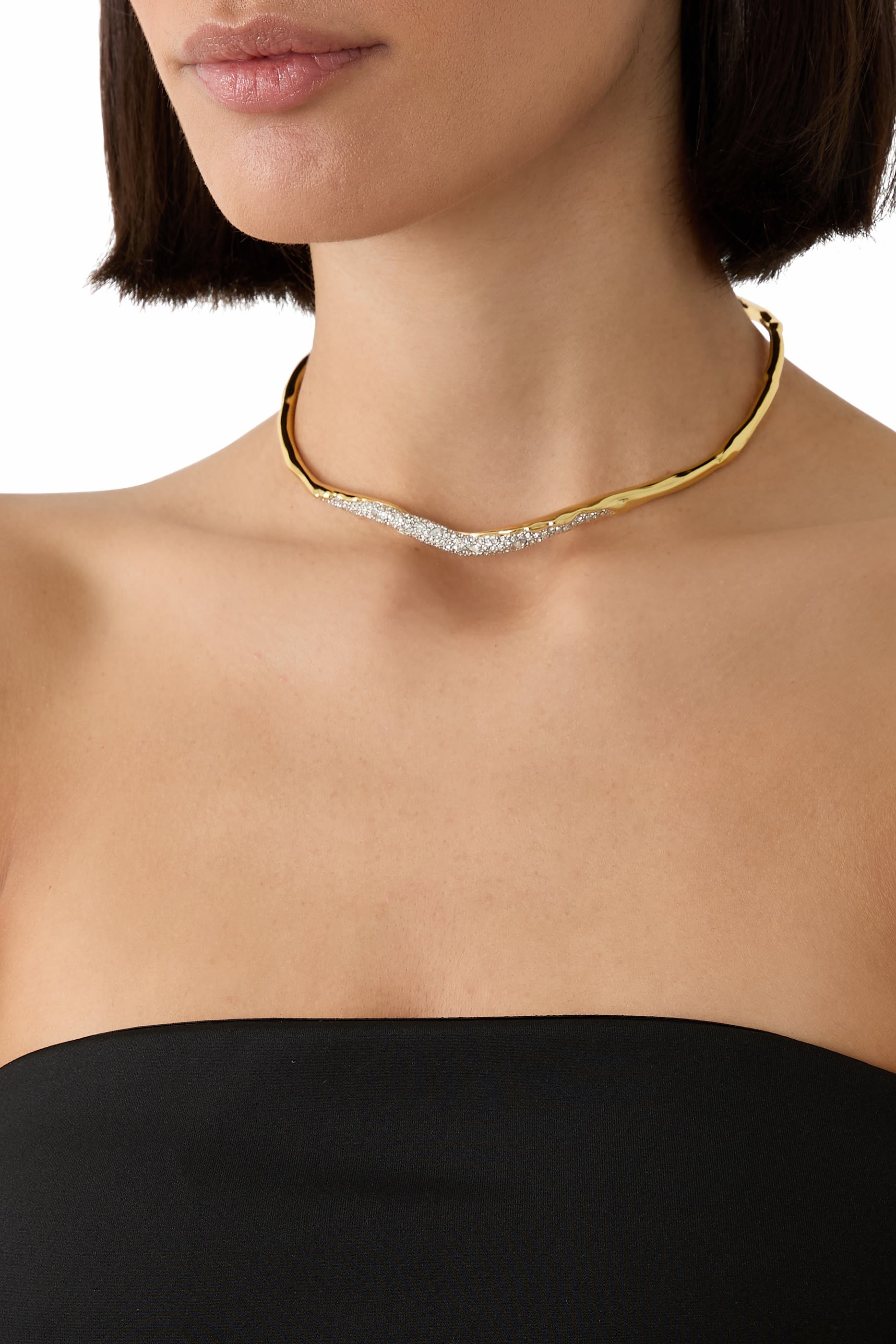 Solanales Crystal Skinny Collar, 14k Gold Plated Brass with Rhodium Tone Plated Brass & Crystal