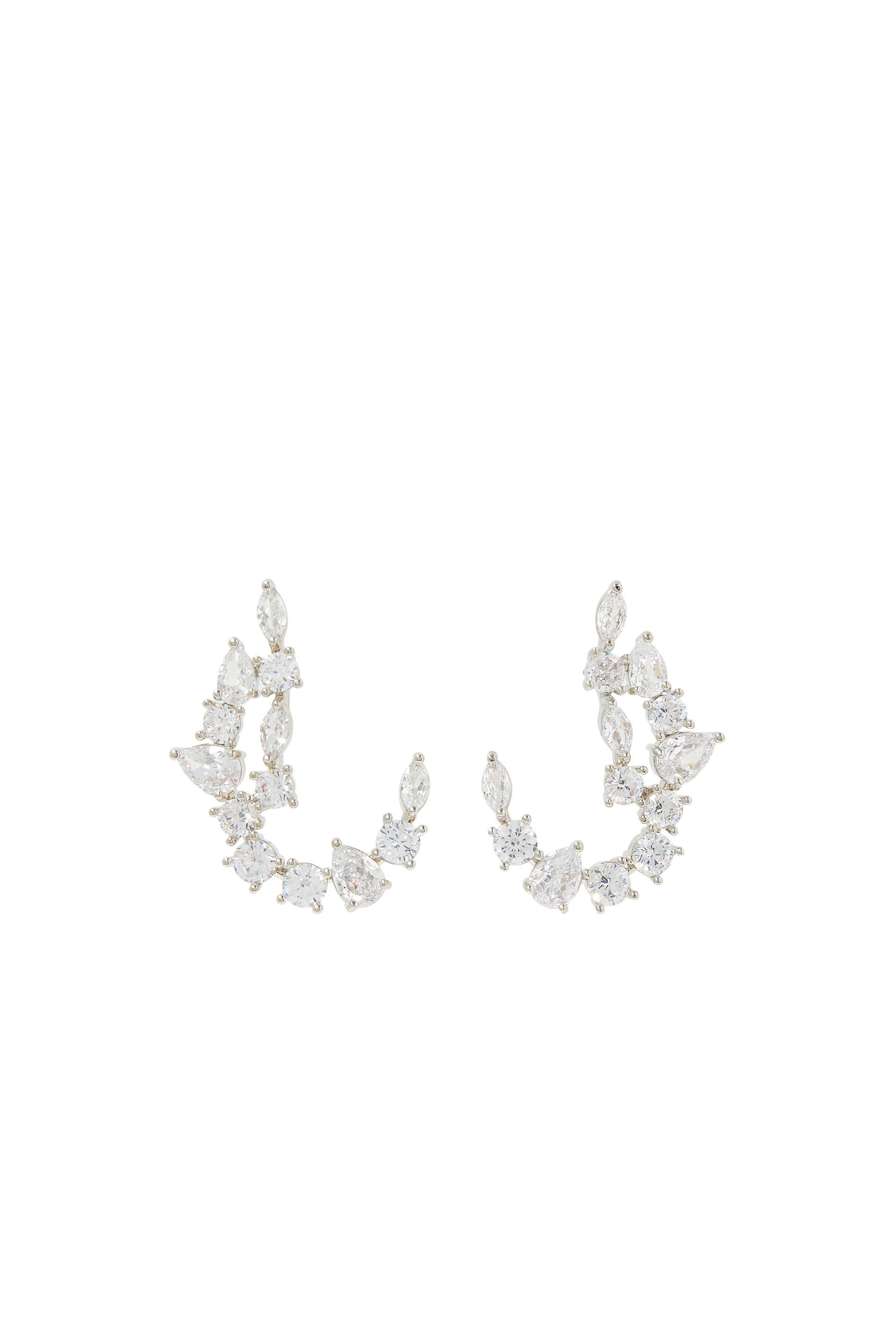 Multi-Shape Scatter Curved Earrings, Rhodium-Plated Brass & Cubic Zirconia