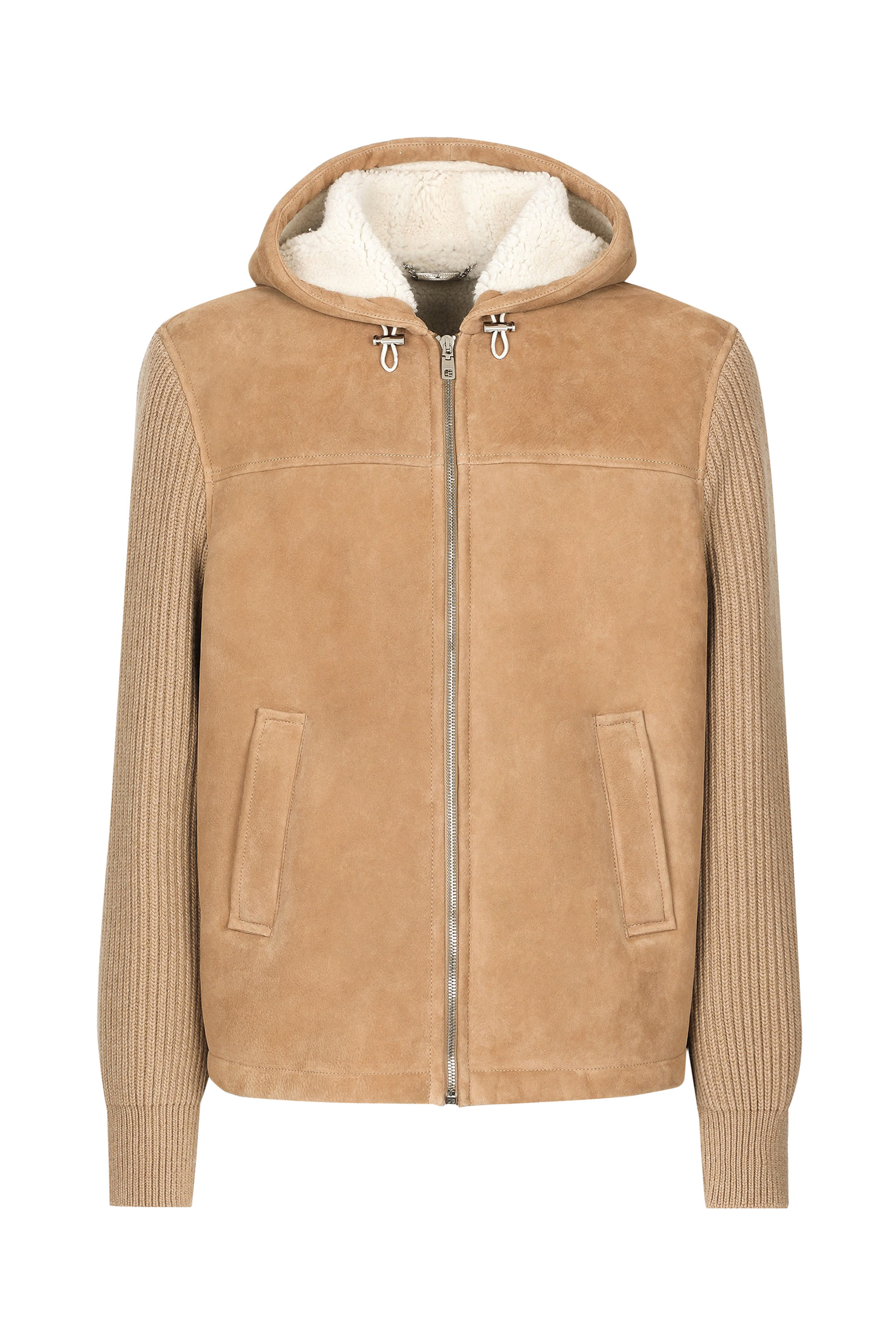 Sheepskin Jacket with Knit Inserts and Hood