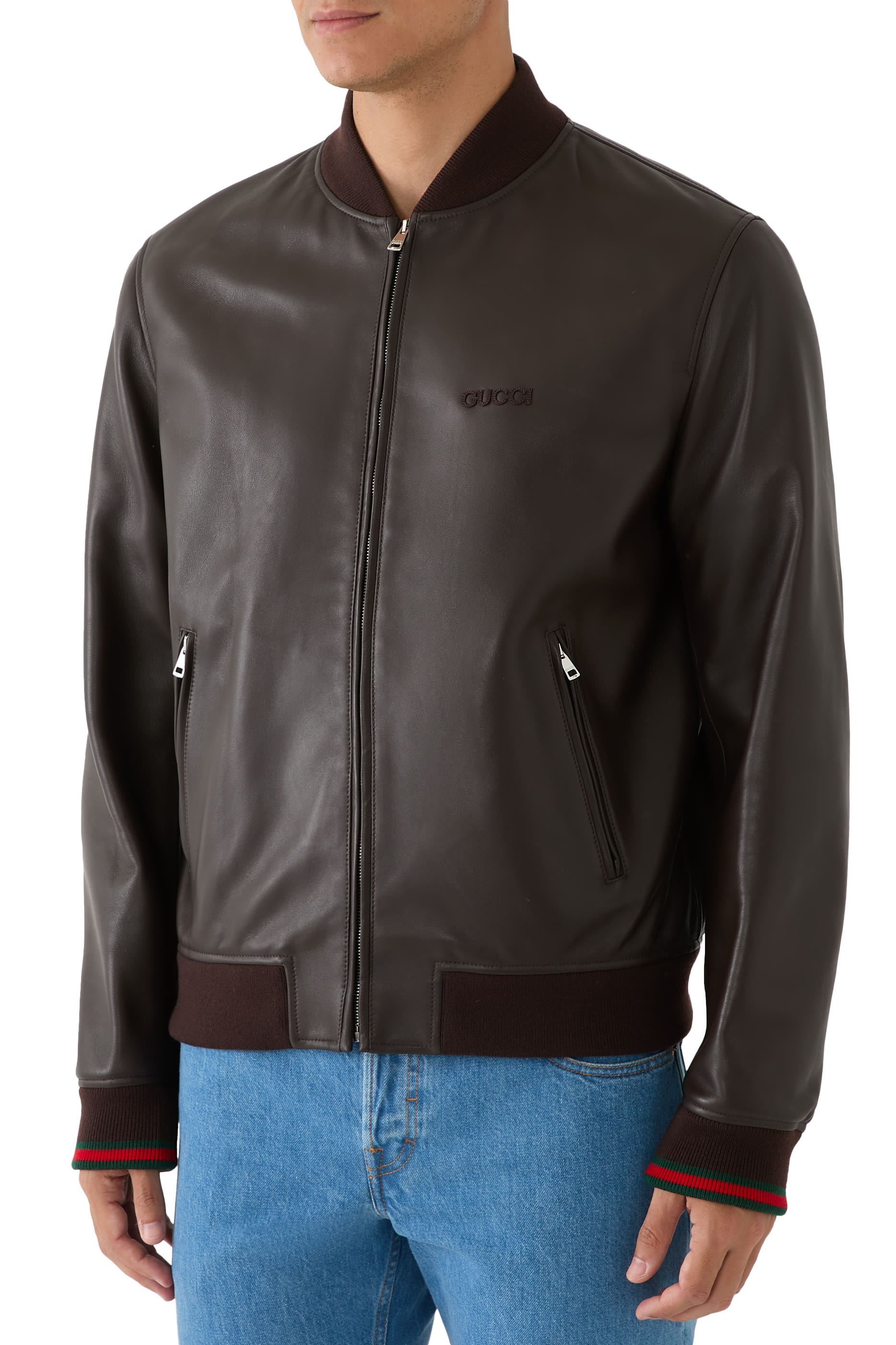 Embroidered Leather Bomber Jacket