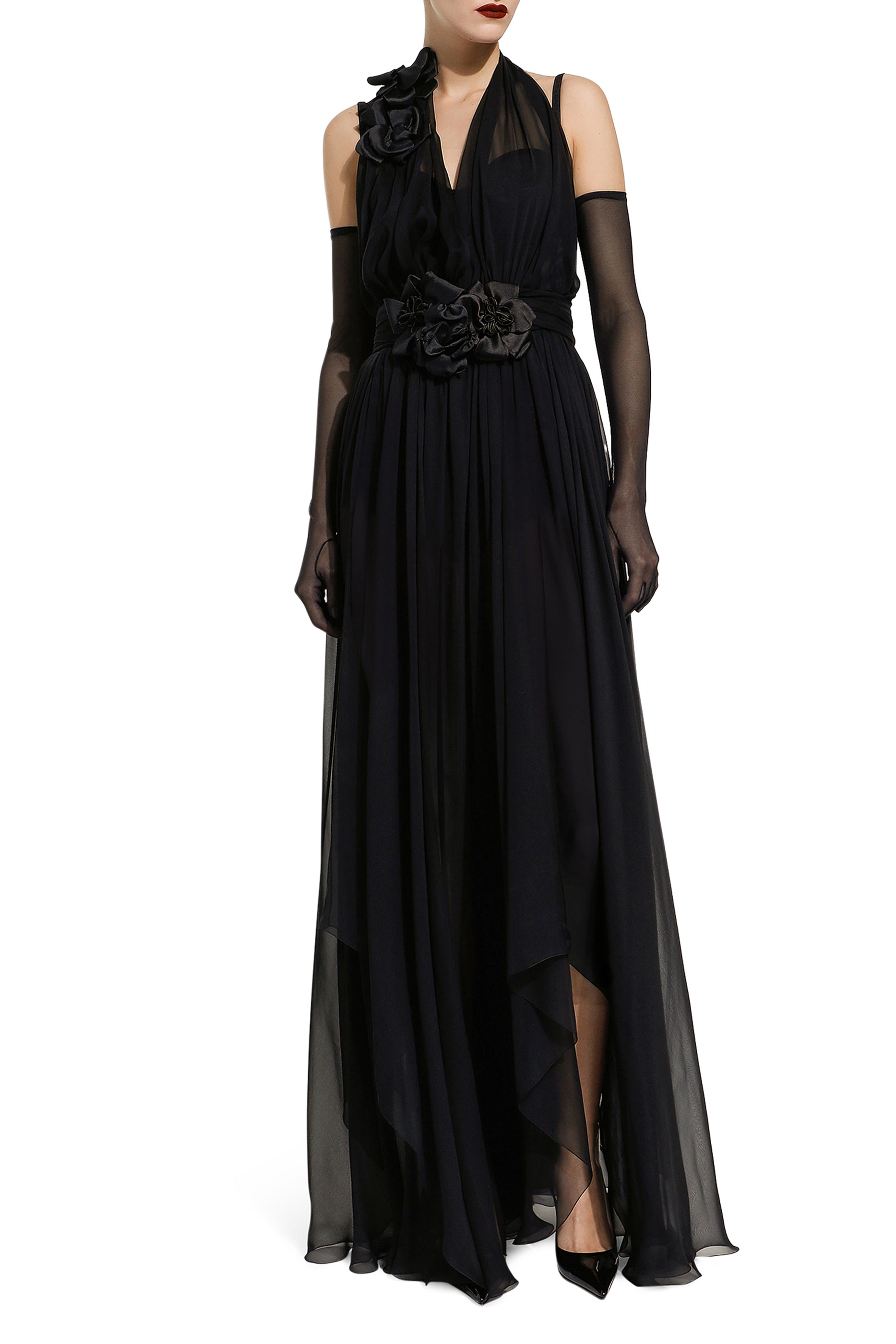 Silk Chiffon Dress with Floral Appliqué