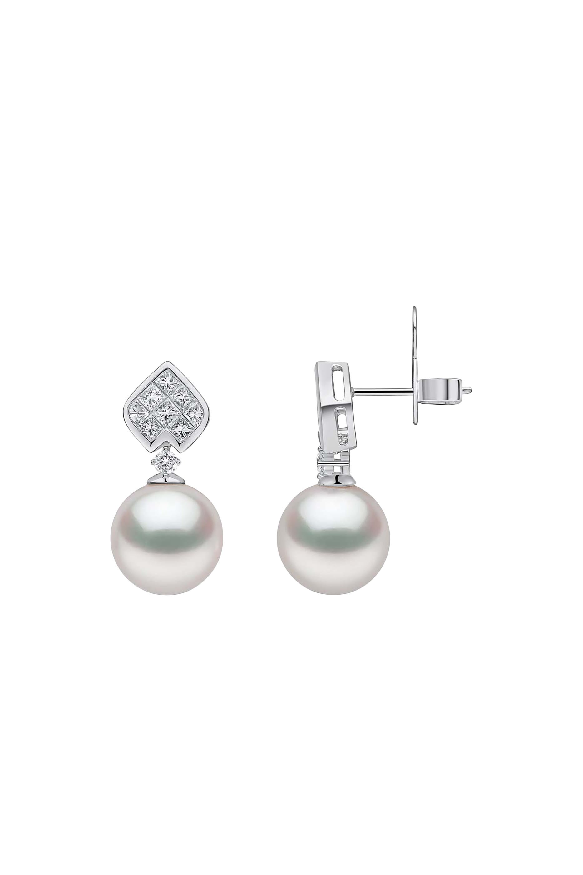 Duchess Motif Earrings, 18K White Gold with South Sea Pearls & Diamonds