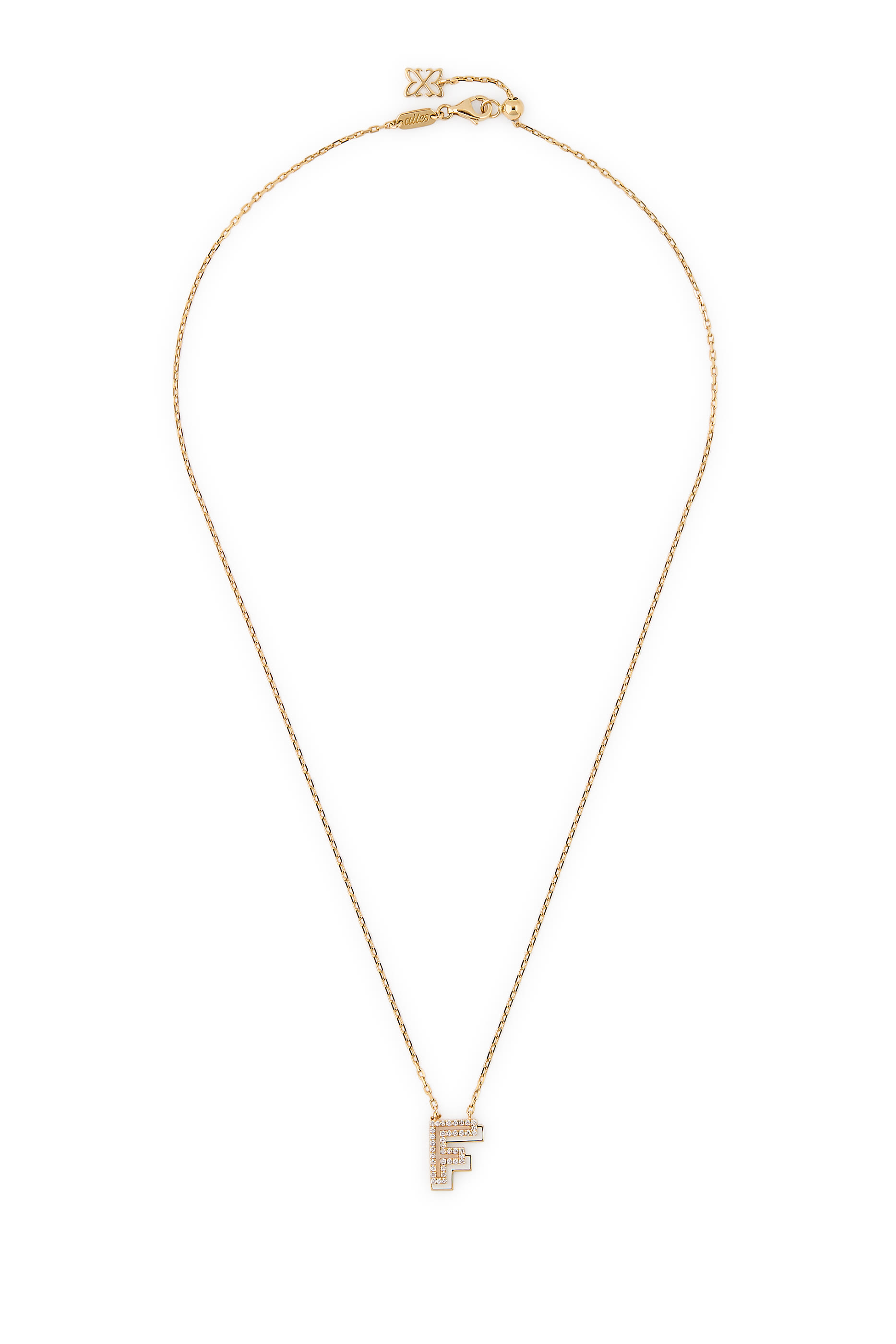  Letter F Silhouette Necklace,  18k Yellow Gold with Diamonds & Enamel