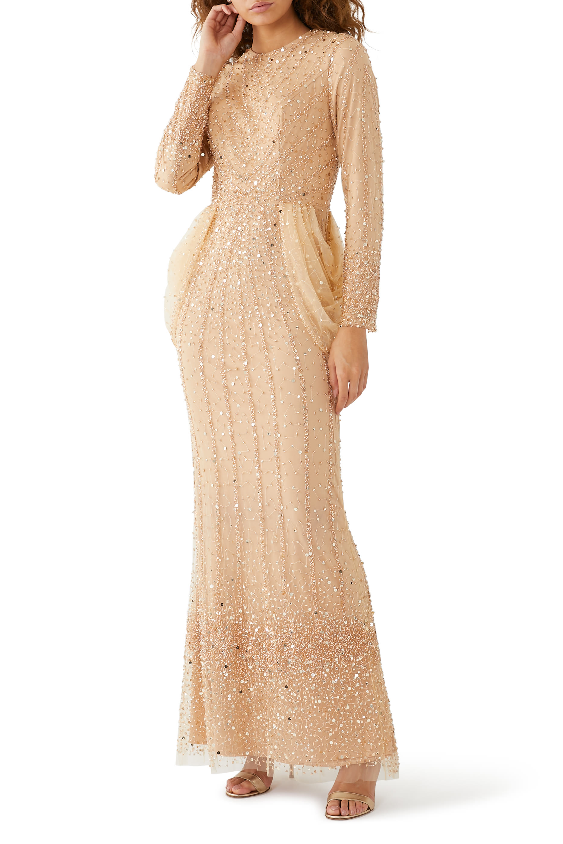 Sequin-Embellished Long Sleeves Gown