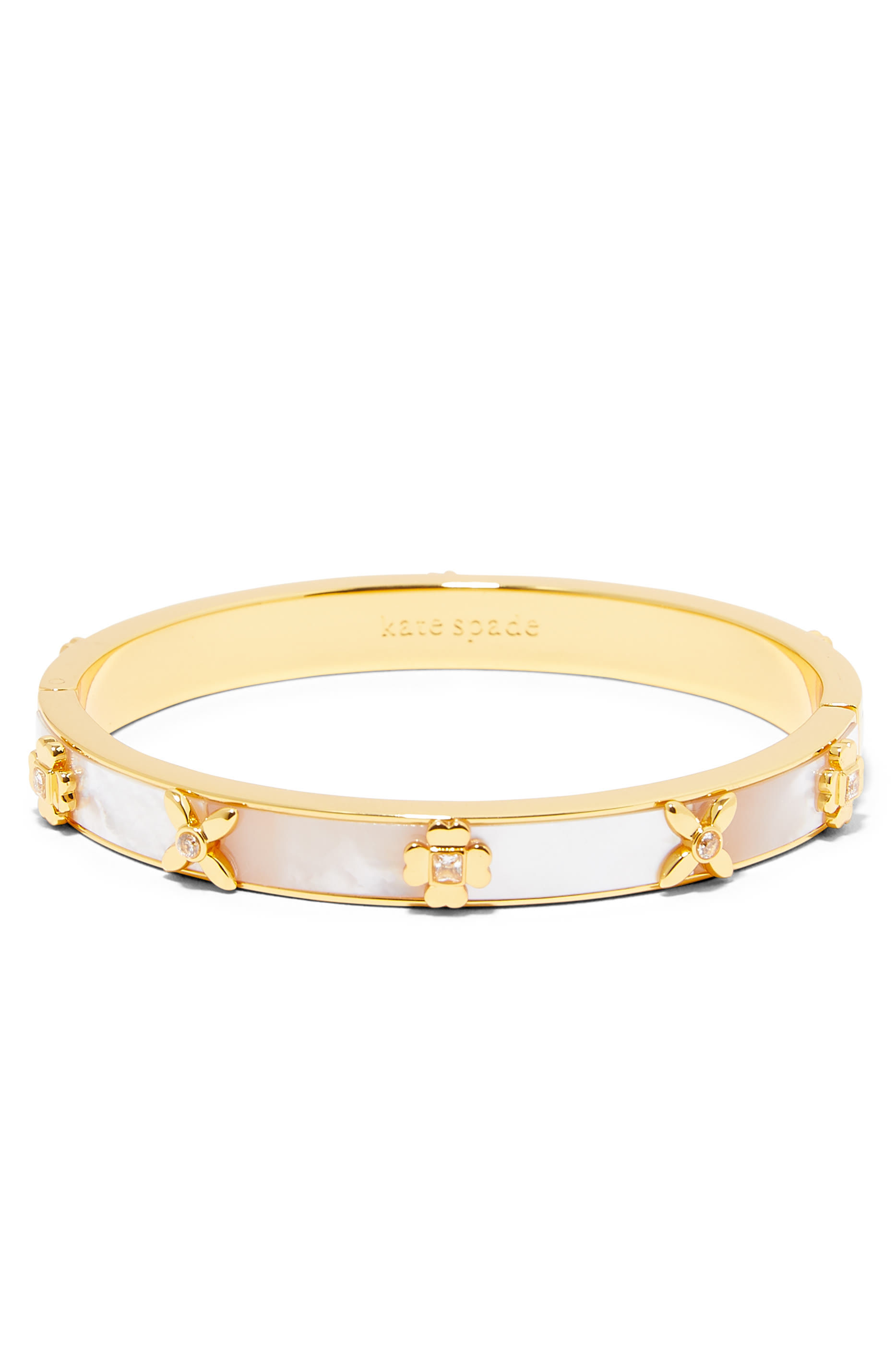 Heritage Bloom Hinged Bangle, Plated Metal With Cubic Zirconia & Mother of Pearl