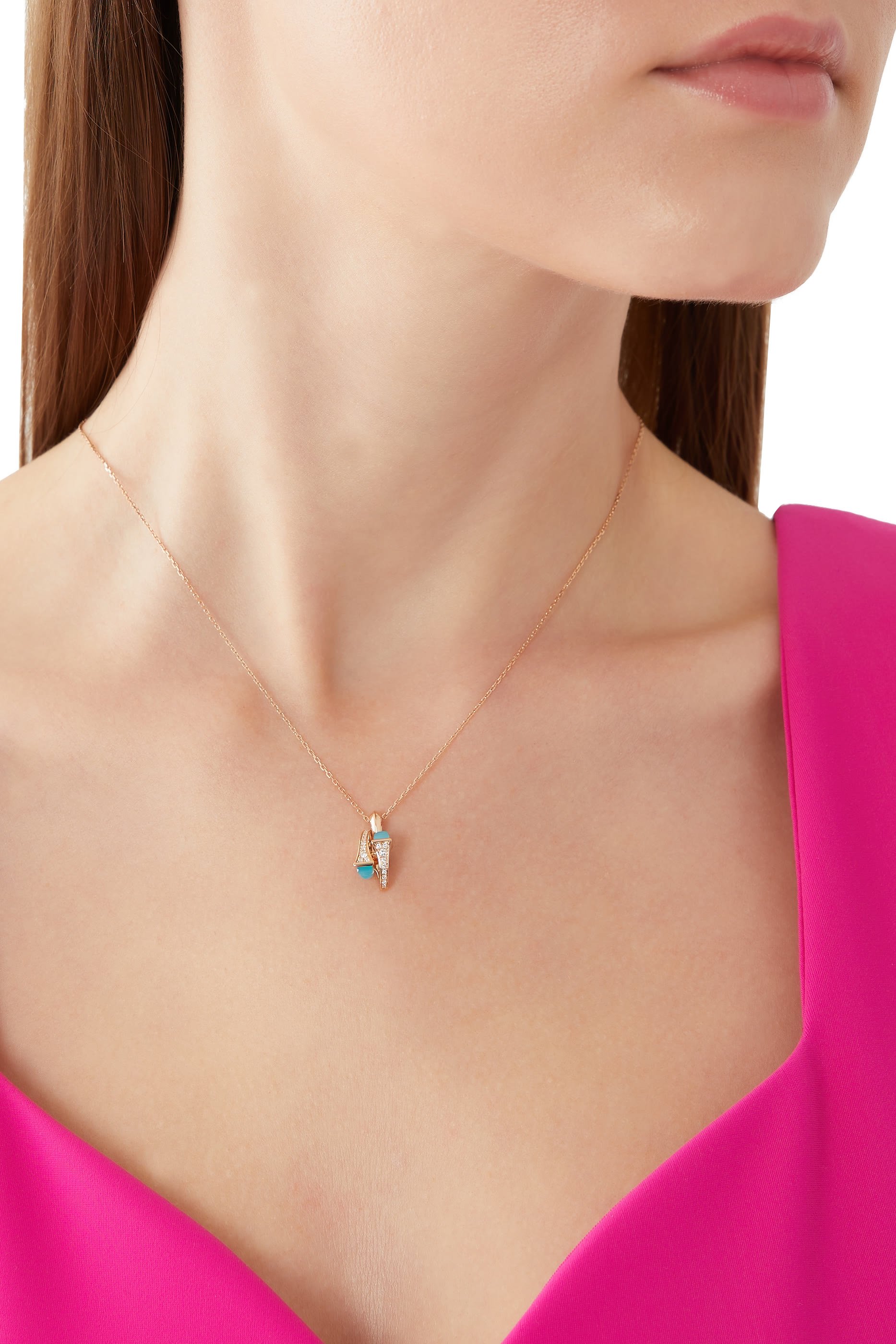 Cleo Huggie Necklace, 18k Rose Gold with Blue Chalcedony & Diamonds