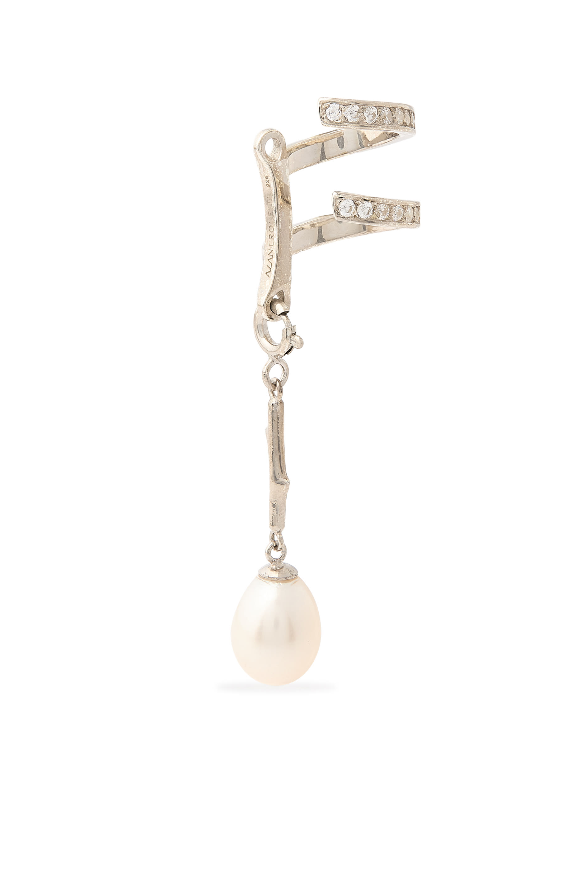 Encrusted Spiral Pear Drop Single Earcuff, 925 Sterling Silver & Pearl