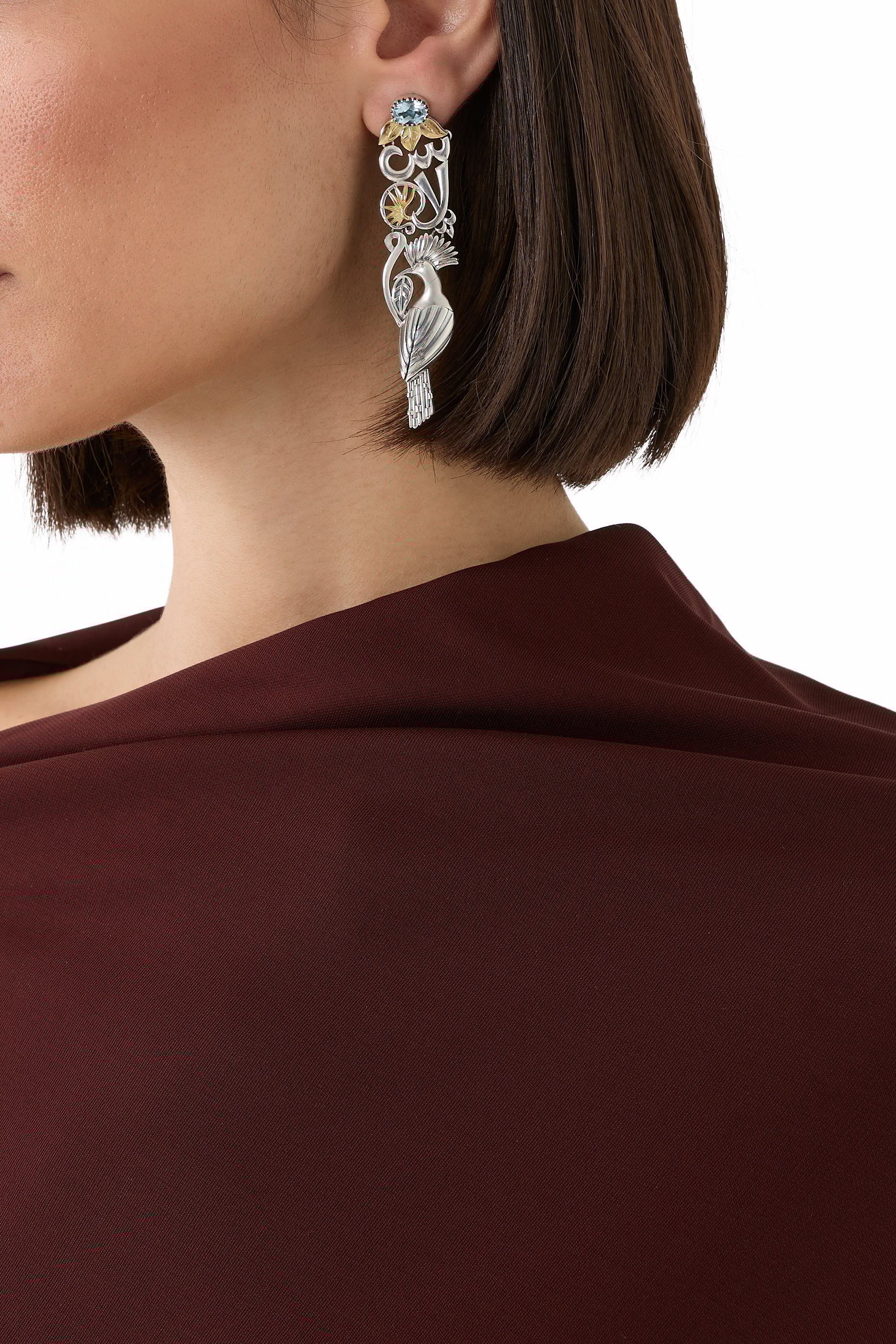 Peace and Wisdom Single Earring, 18k Yellow Gold, Sterling Silver & Topaz