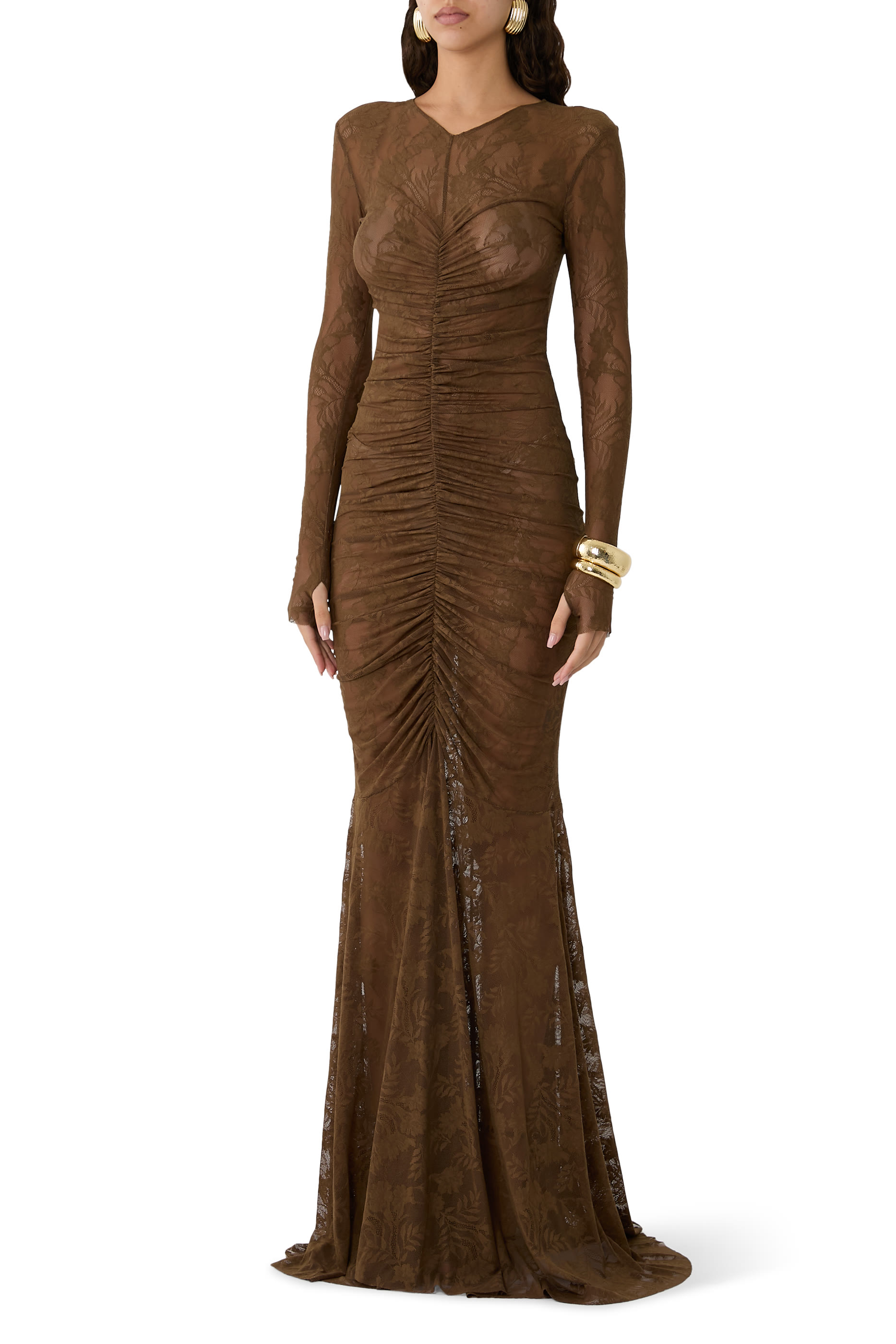 V Neck Shirred Front Fishtail Gown