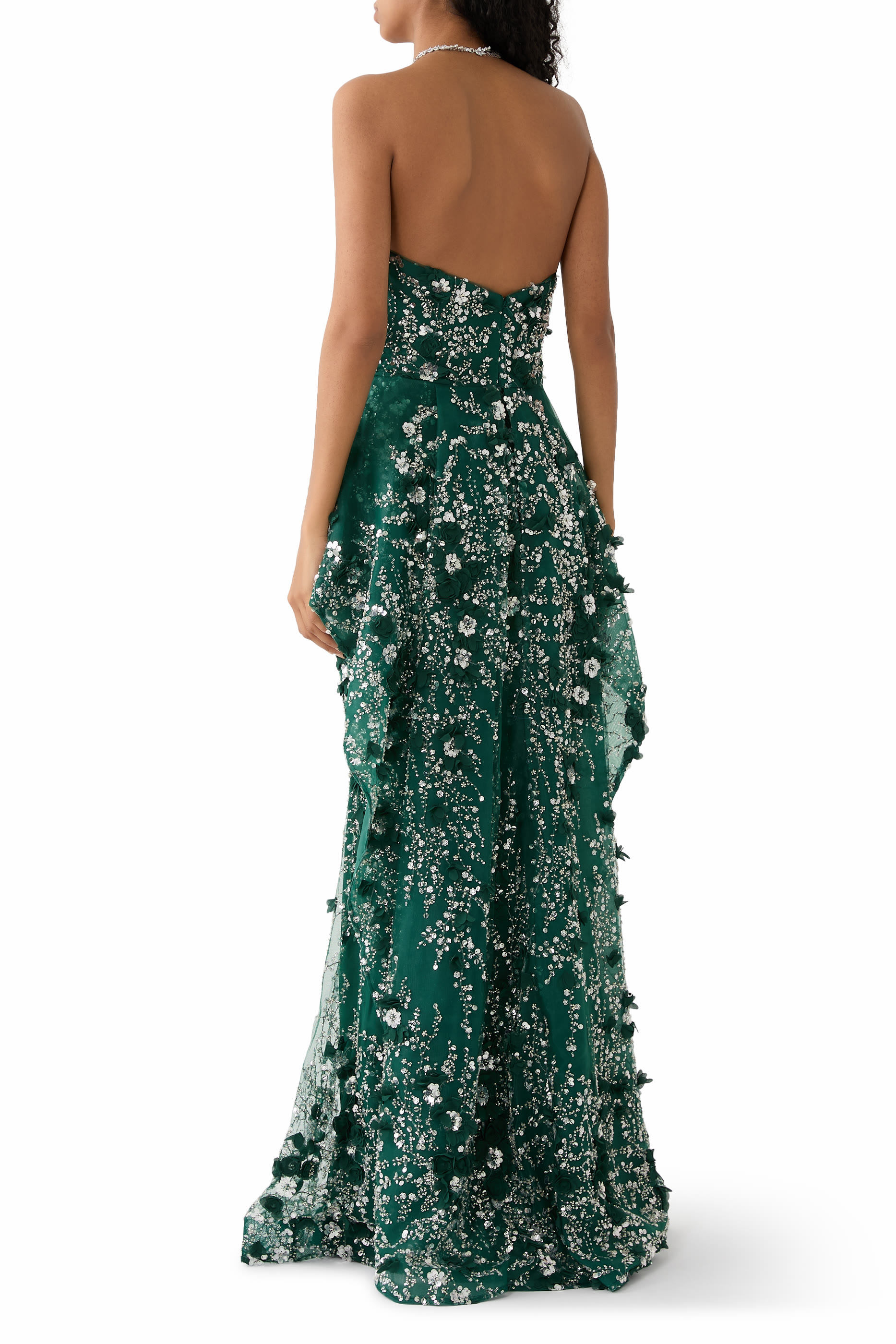 Flower-Embellished Strapless Gown