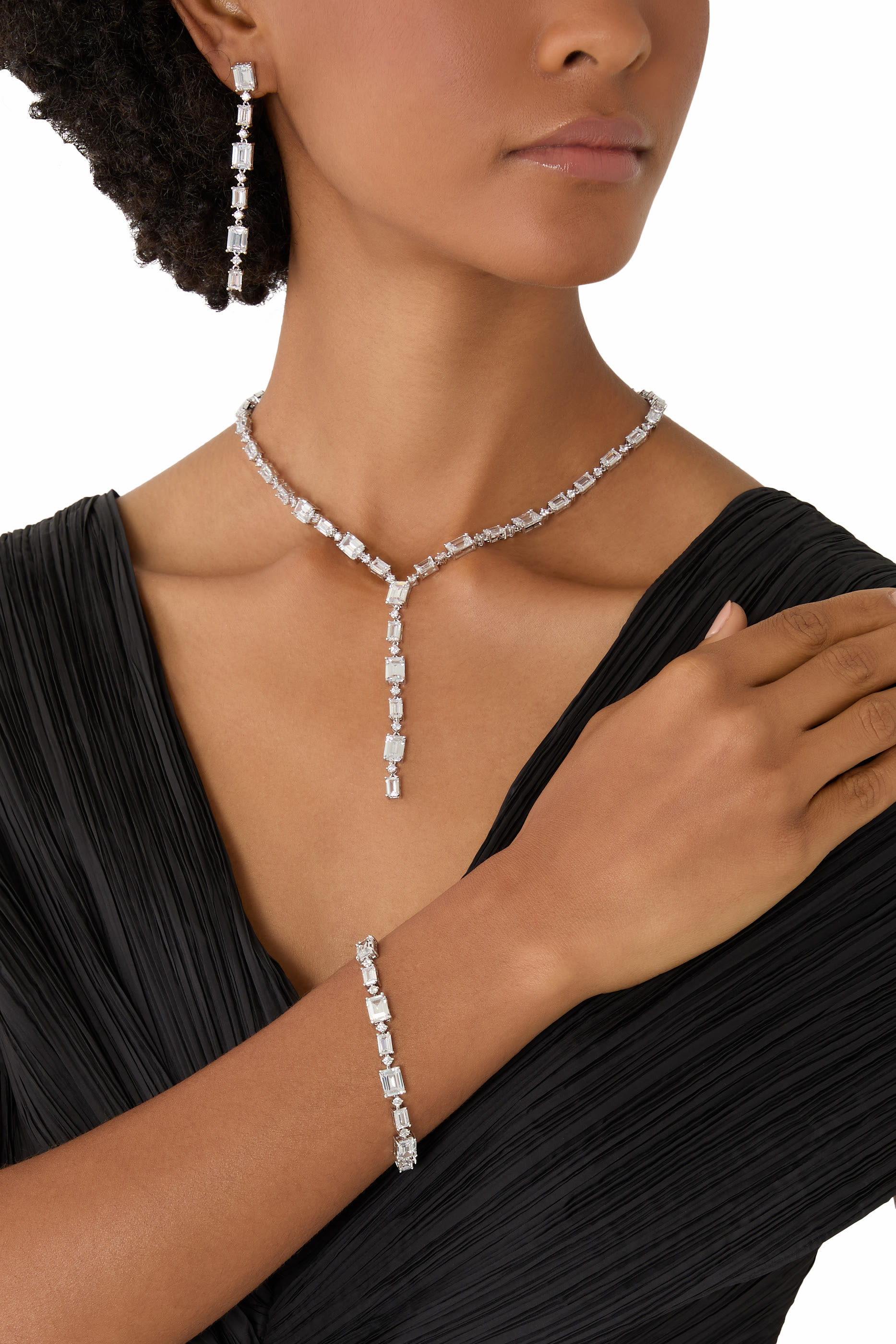 Long Delicate Y Necklace, Rhodium Plated Brass & Cubic Zirconia