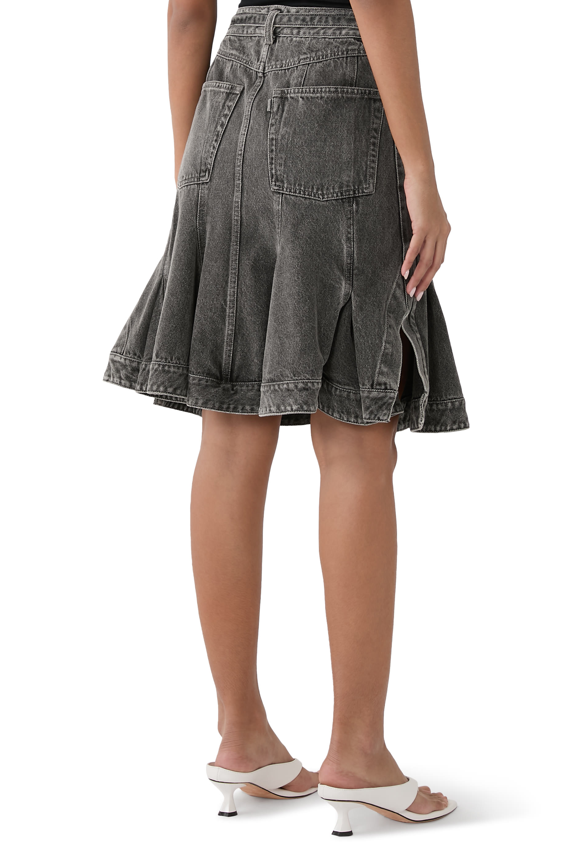 Flounce Hem Belted Denim Skirt