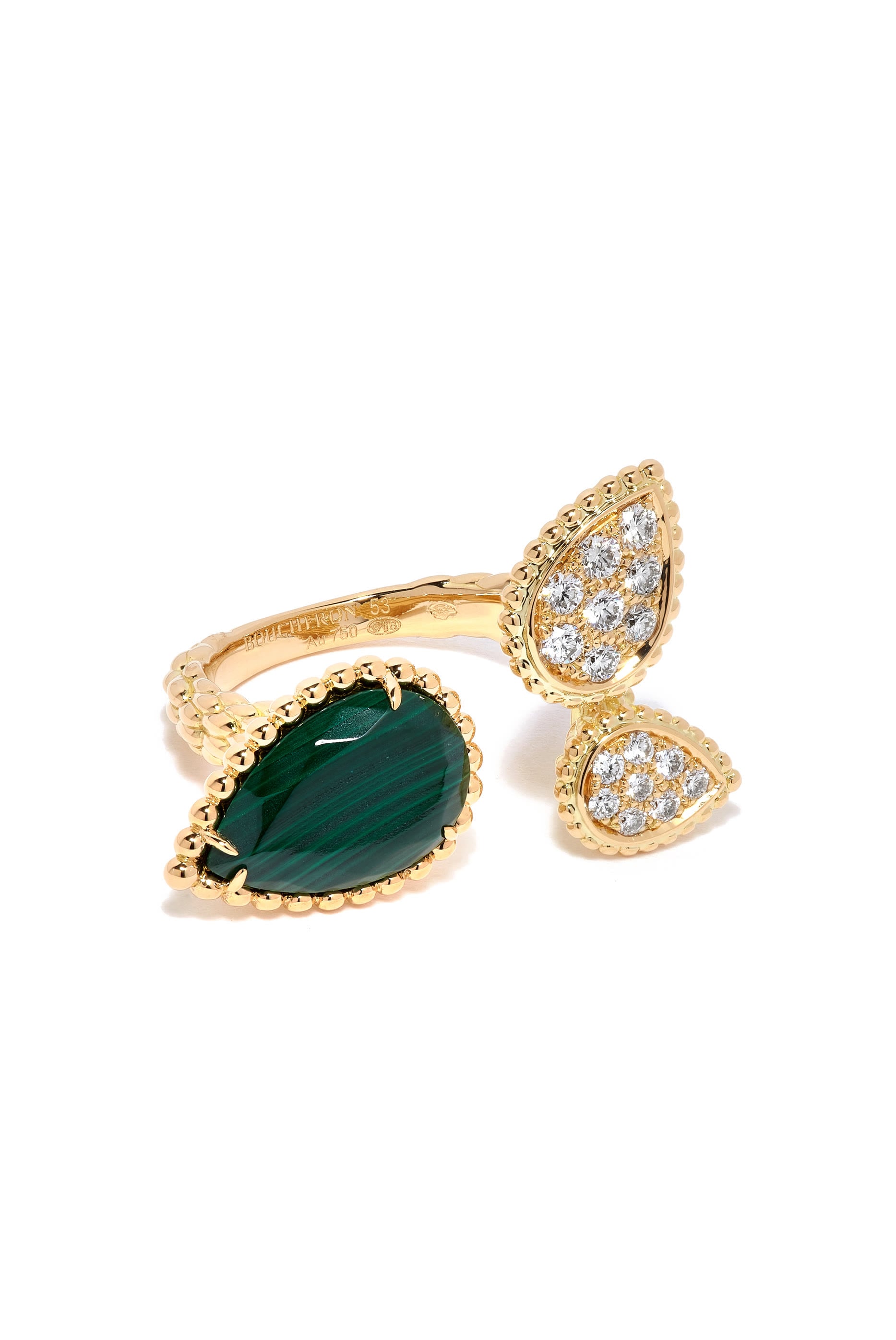 Serpent Boheme 3 Motif Ring, 18k Yellow Gold with Diamonds & Malachite