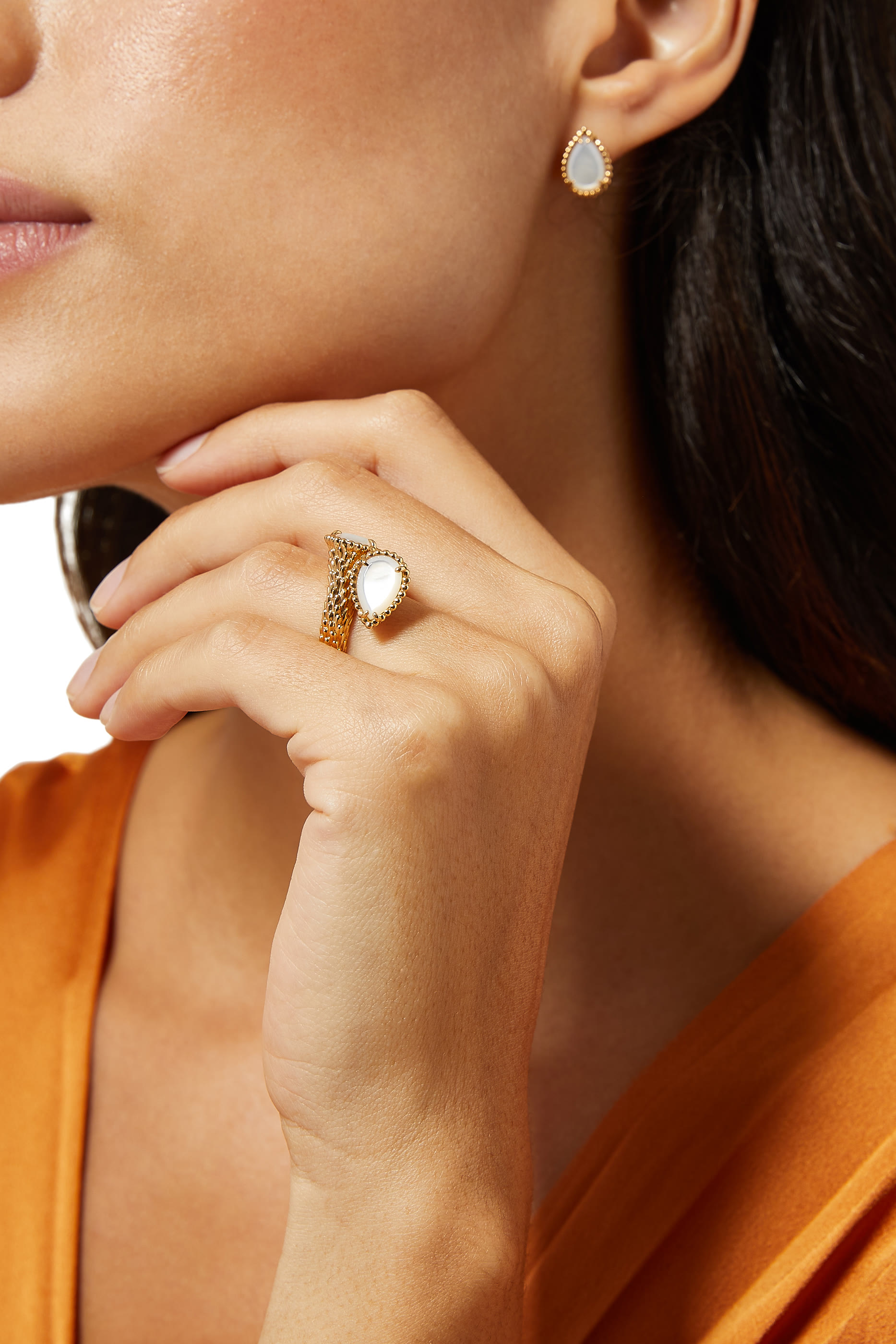 Serpent Bohème Two-Stone Ring, 18k Yellow Gold & Mother of Pearls