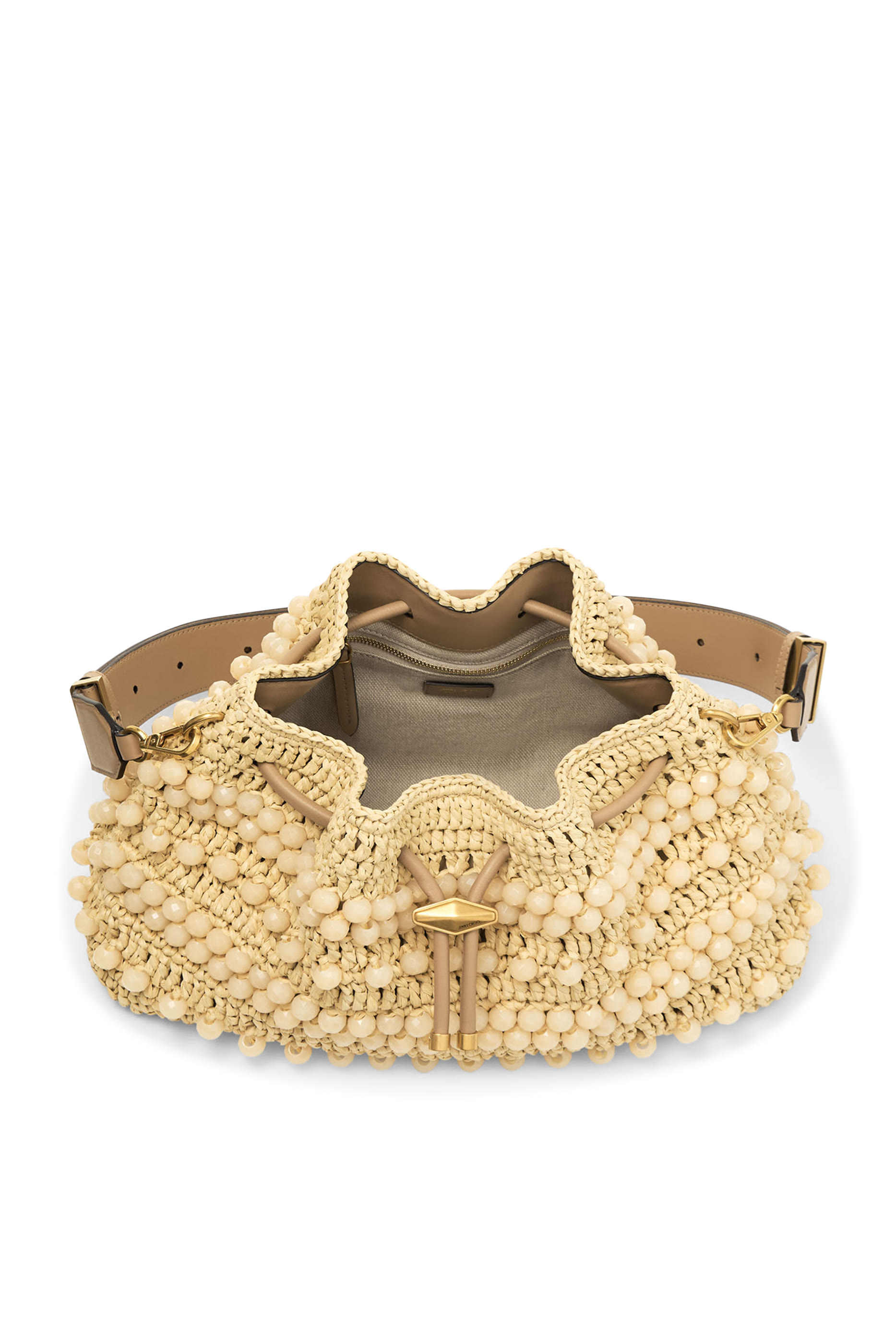 Cinch Beaded Raffia Bucket Bag