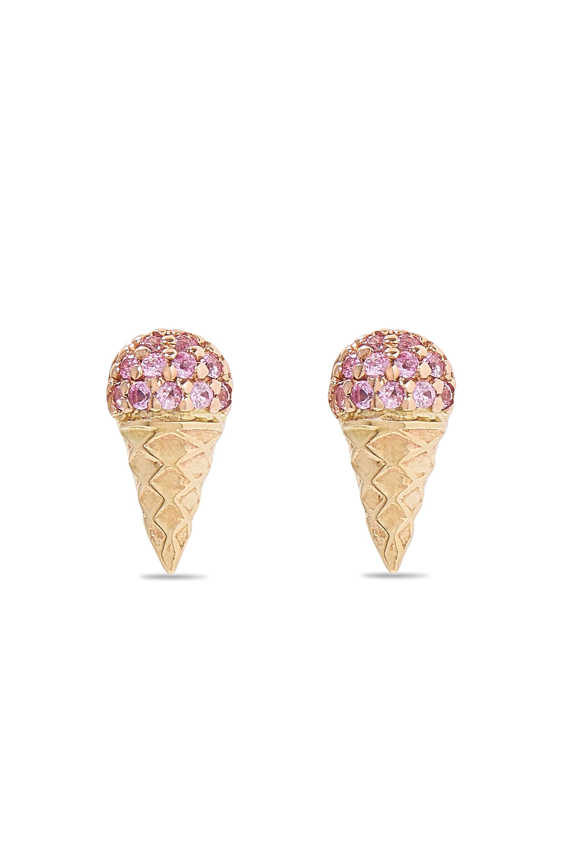 Kids Small Ice Cream Cone Studs, 14K Yellow Gold & Pink Sapphire