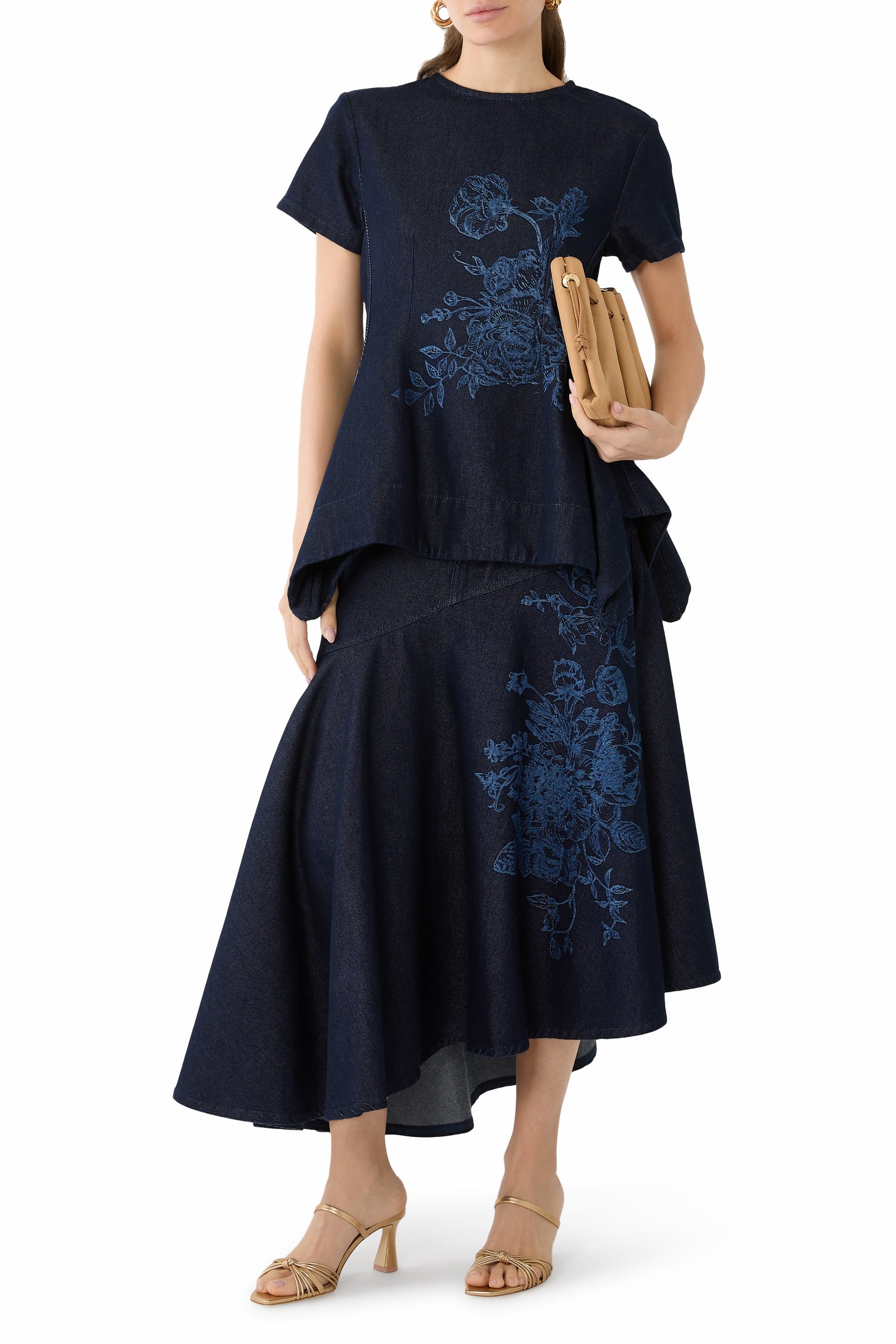 Flower Motif Denim Midi Flounce Skirt 
