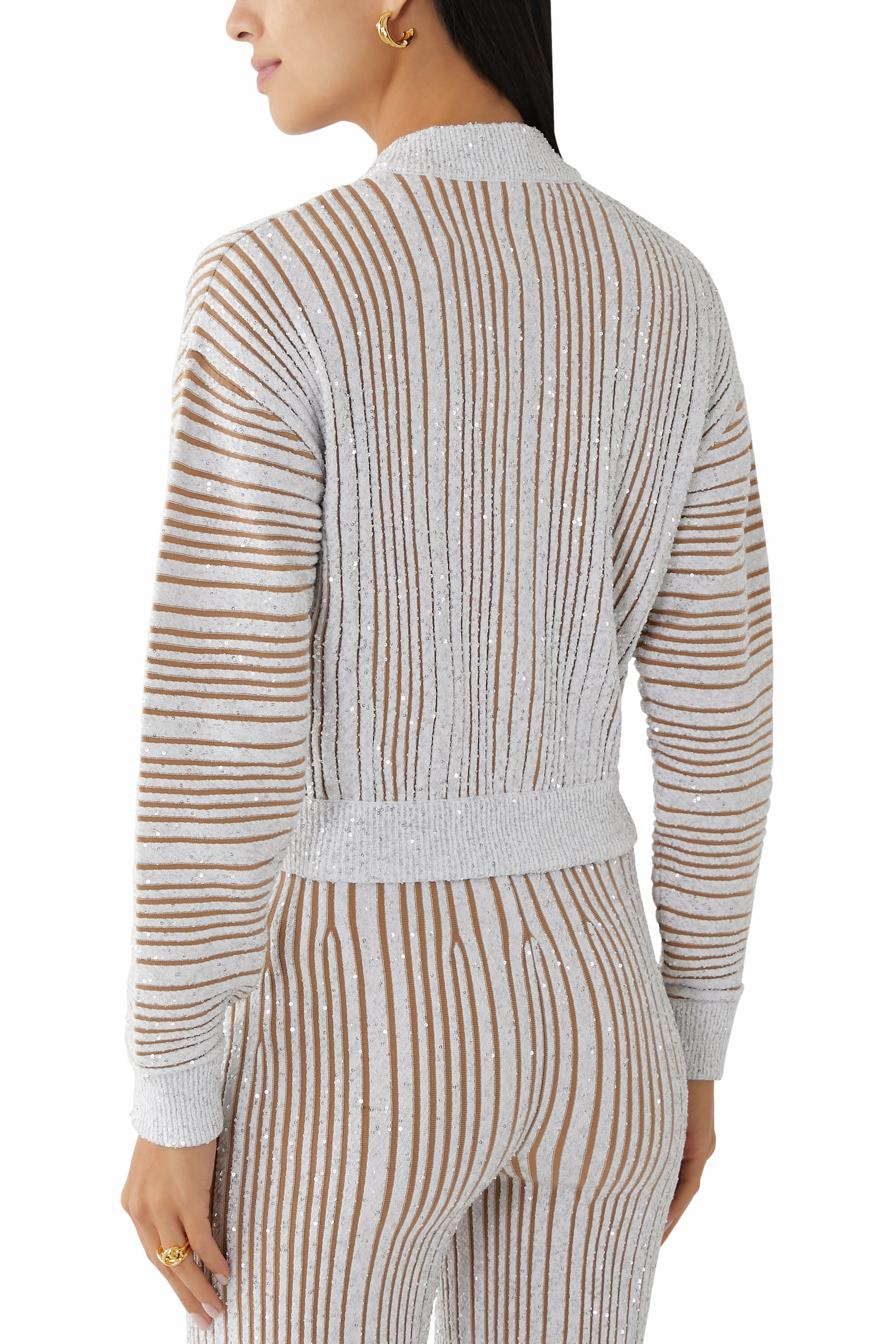 Partialized Knit Sequinned Long Sleeve Buttoned Cardigan