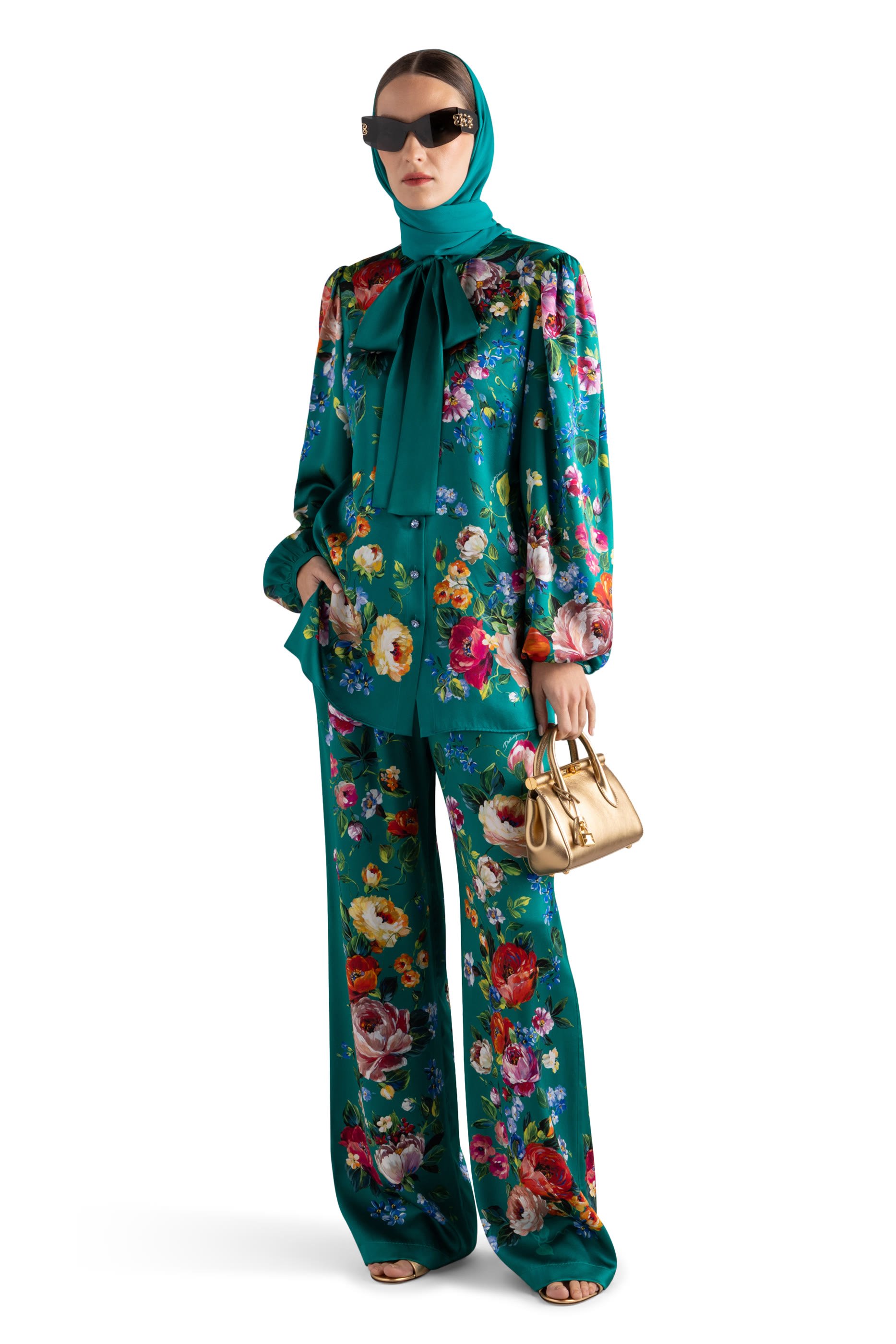 Rose-Print Satin Vanity Trousers