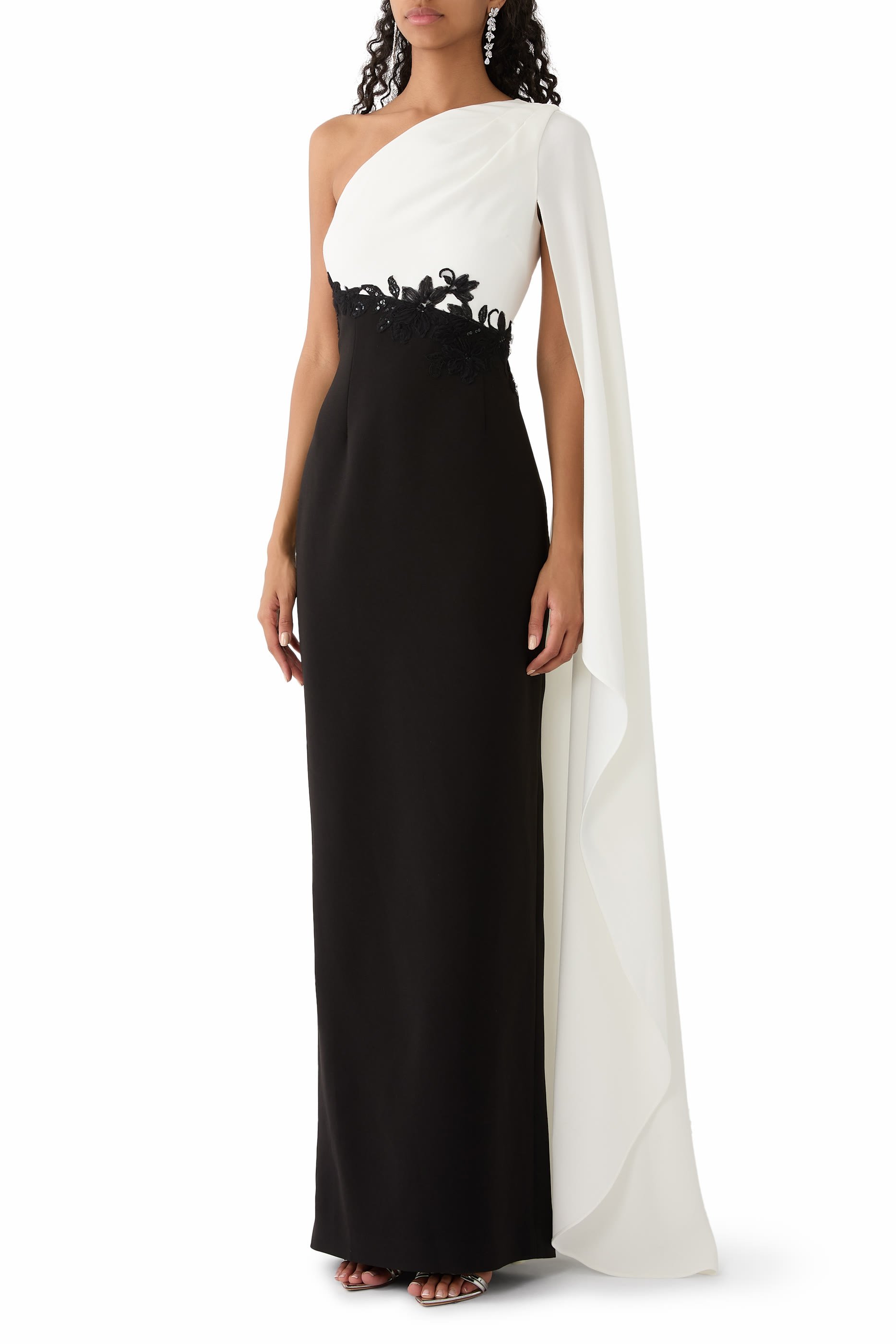 Crepe One-Shoulder Drape Sleeve Gown