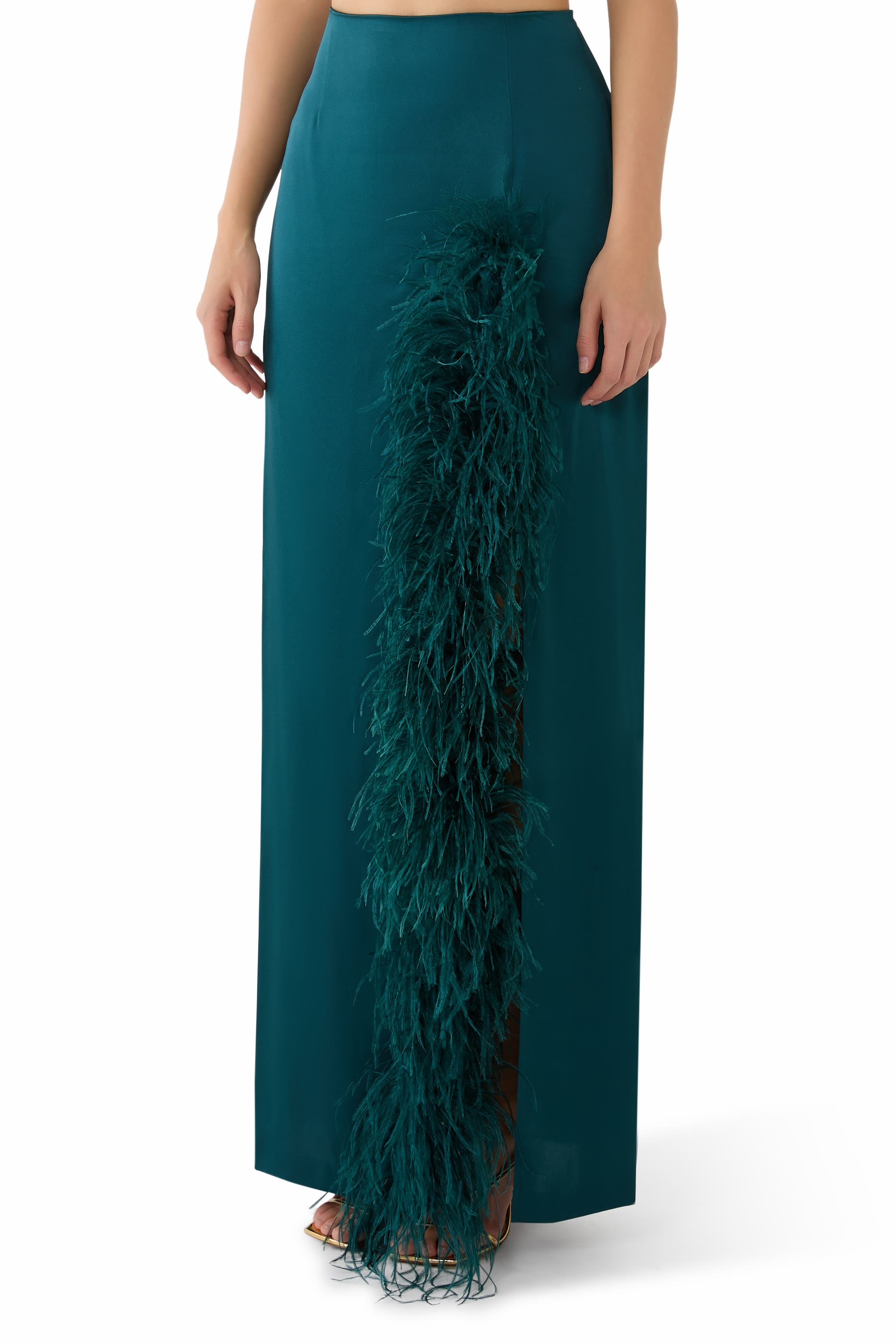 Satin High Waist Slit Maxi Skirt With Feathers 