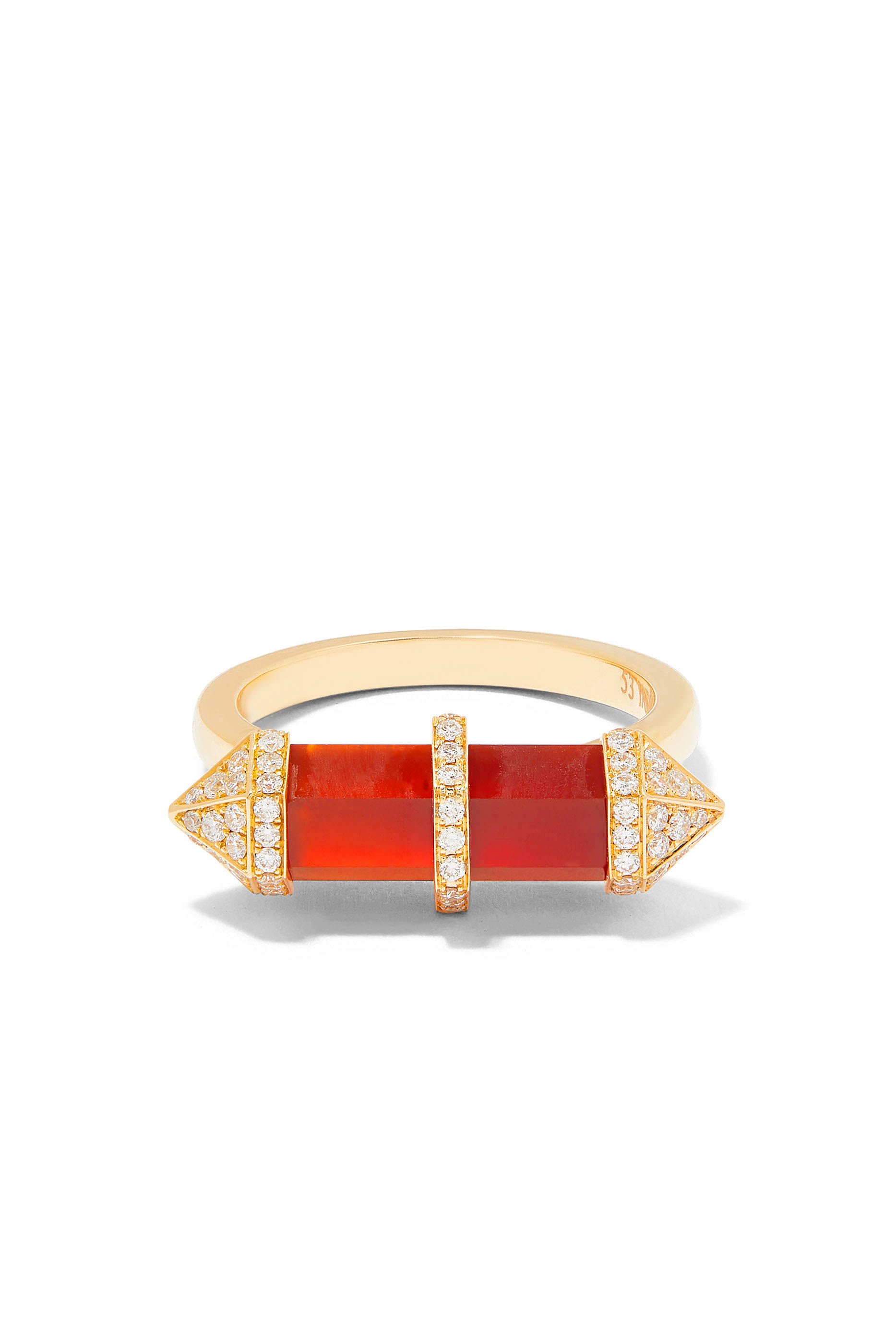 Small Horizontal Chakra Ring, 18k Yellow Gold with Diamonds & Red Carnelian