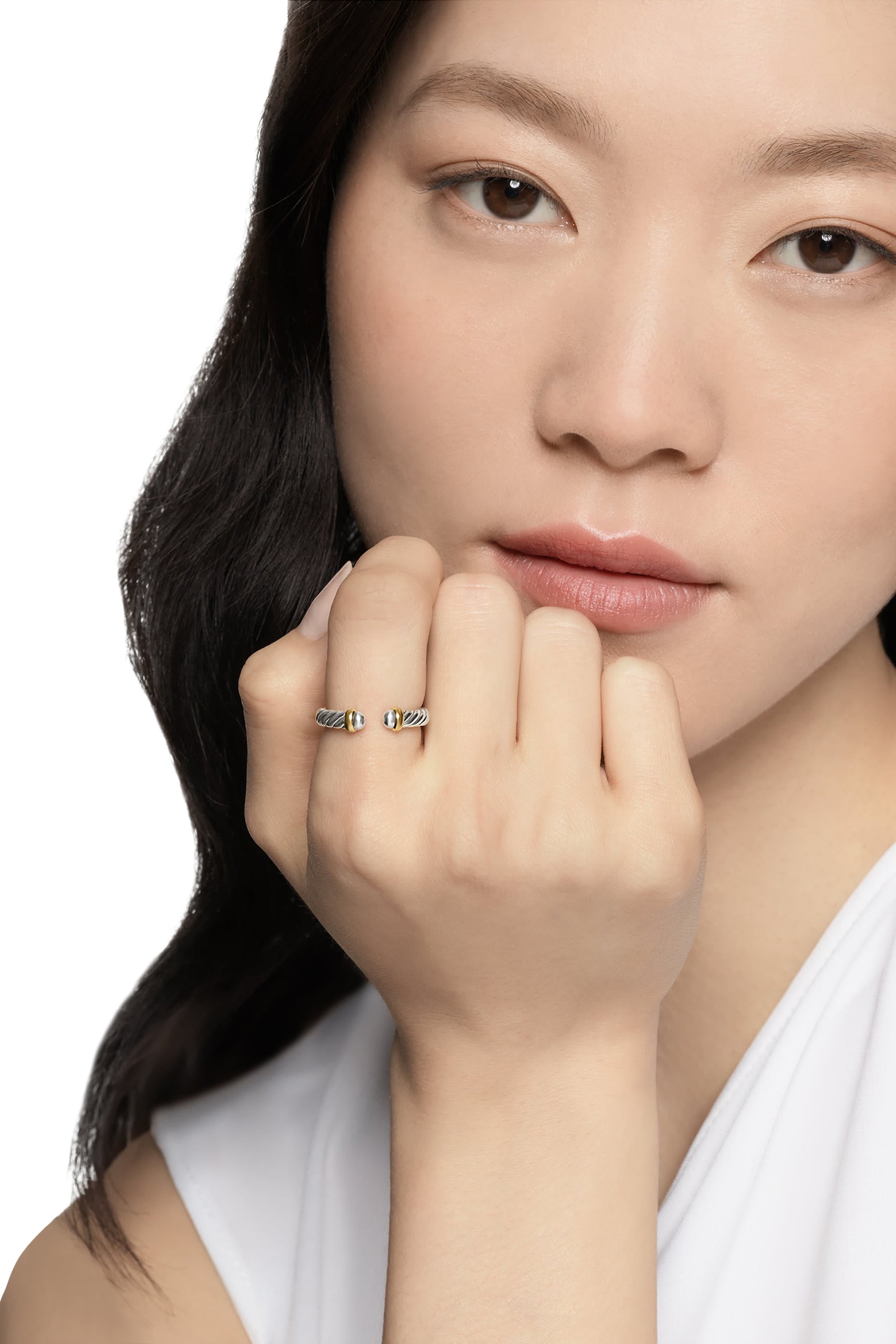 Petite Cable Open Ring,  Sterling Silver with 14K Yellow Gold