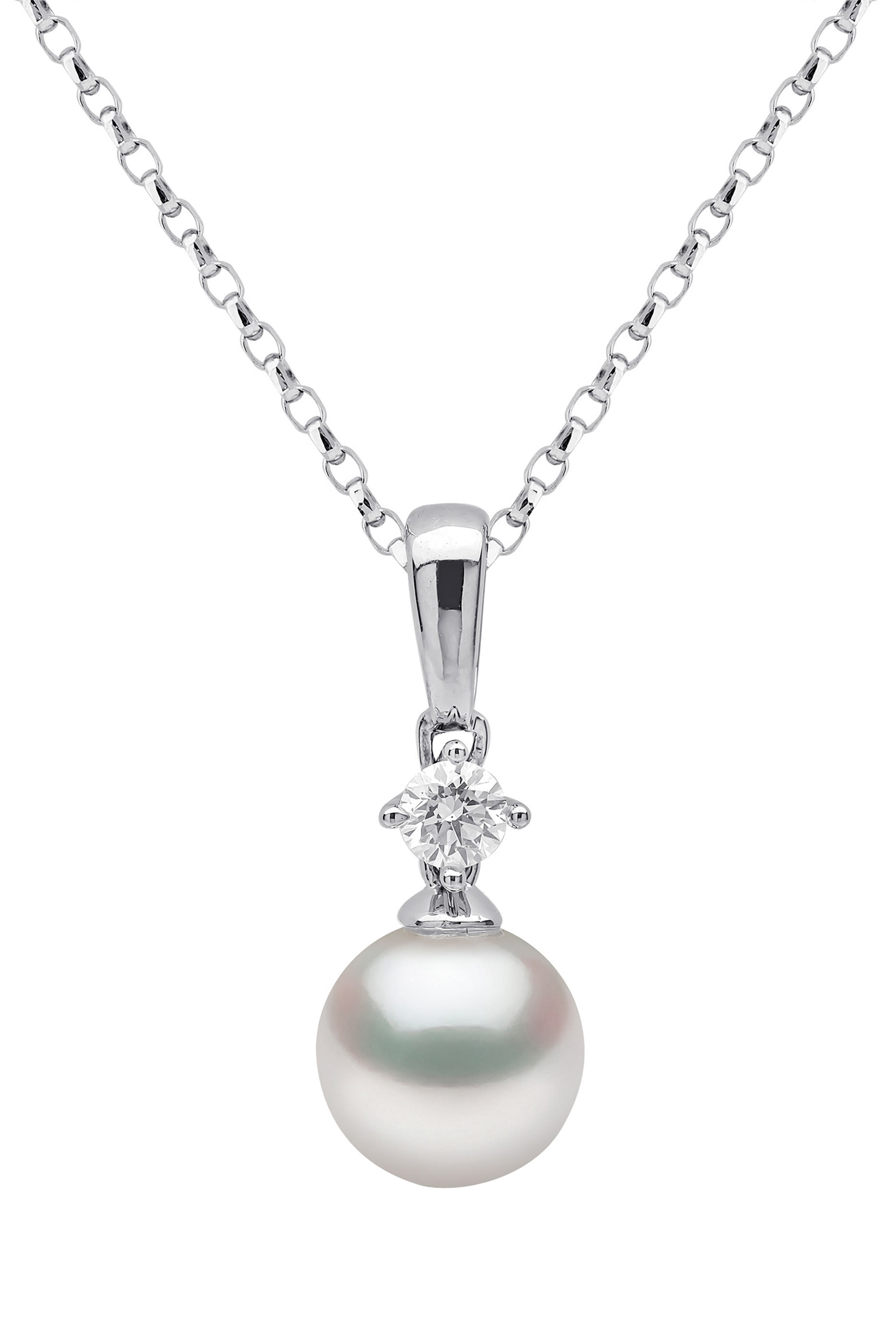 Classic Pendant Necklace, 18k White Gold, Diamond & 7mm Pearl