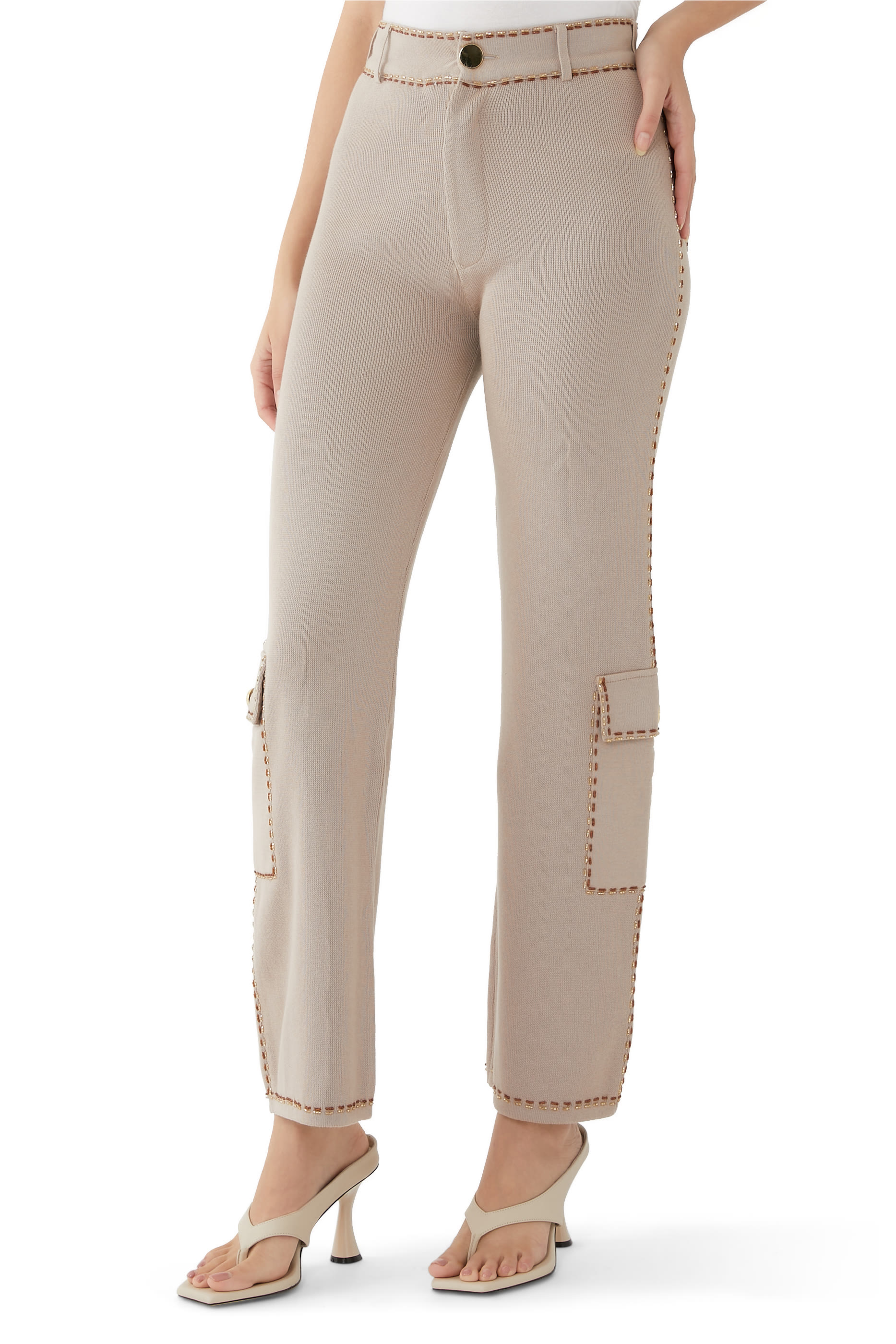 Straight Leg Flap Pocket Bead Trim Pants