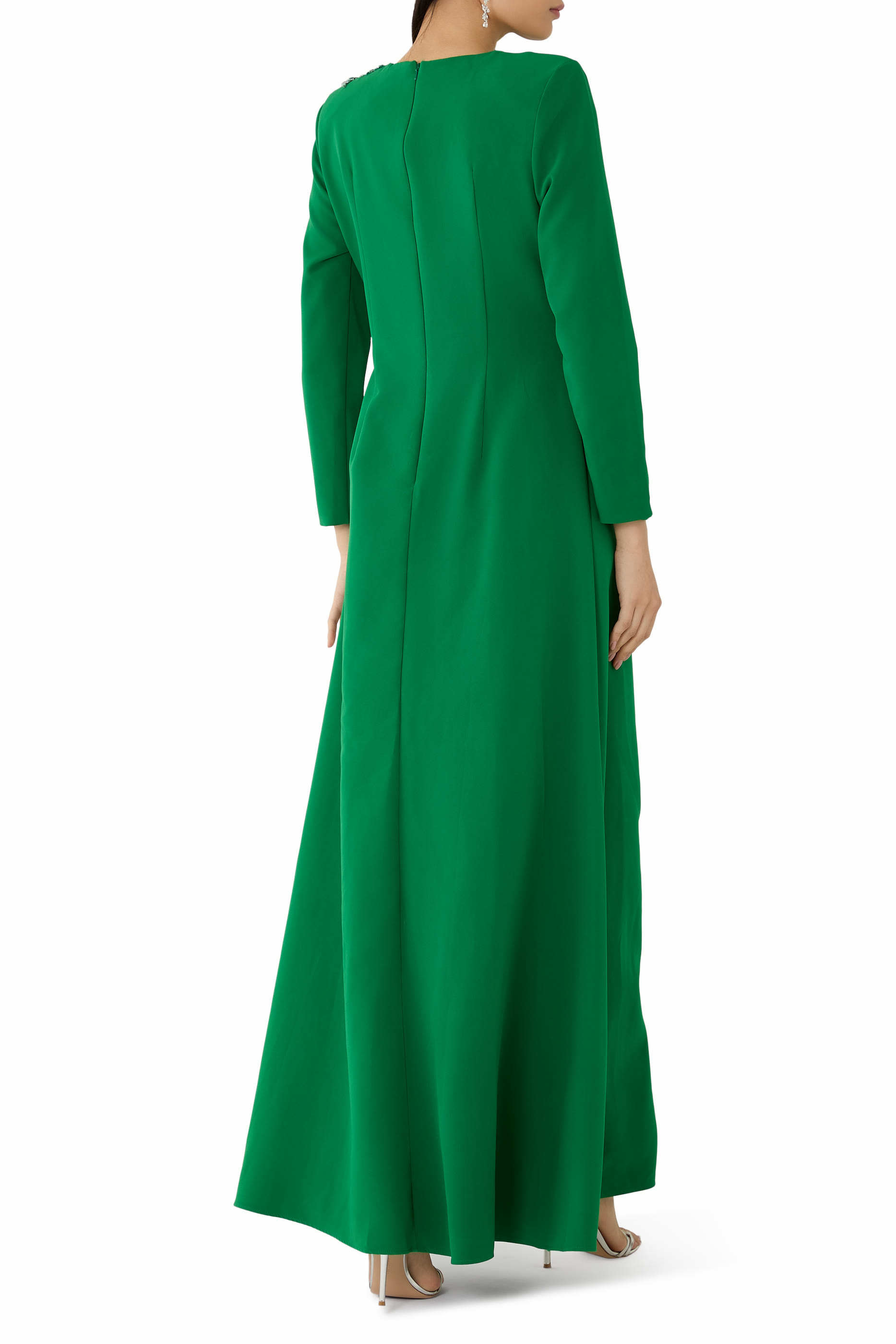  Long Sleeve Beaded Applique and Waist Trim Gown