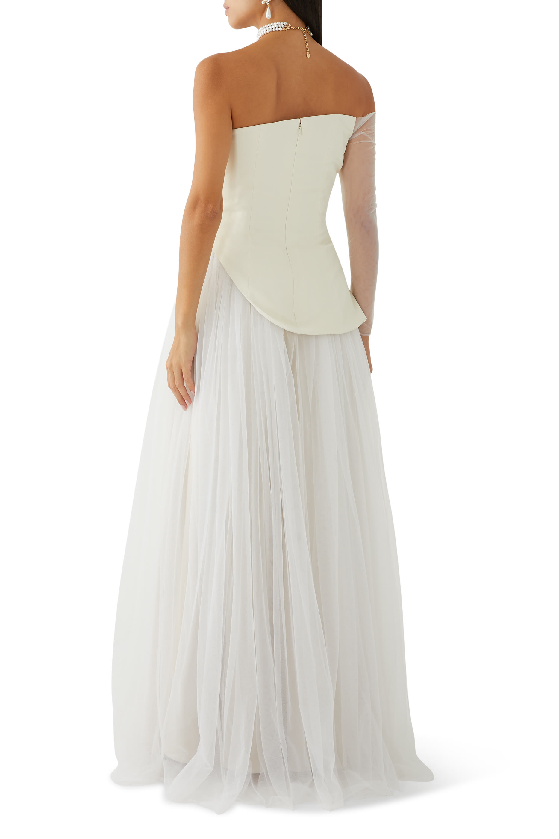 Asymmetric Crepe Gown with Tulle Skirt & Sleeve