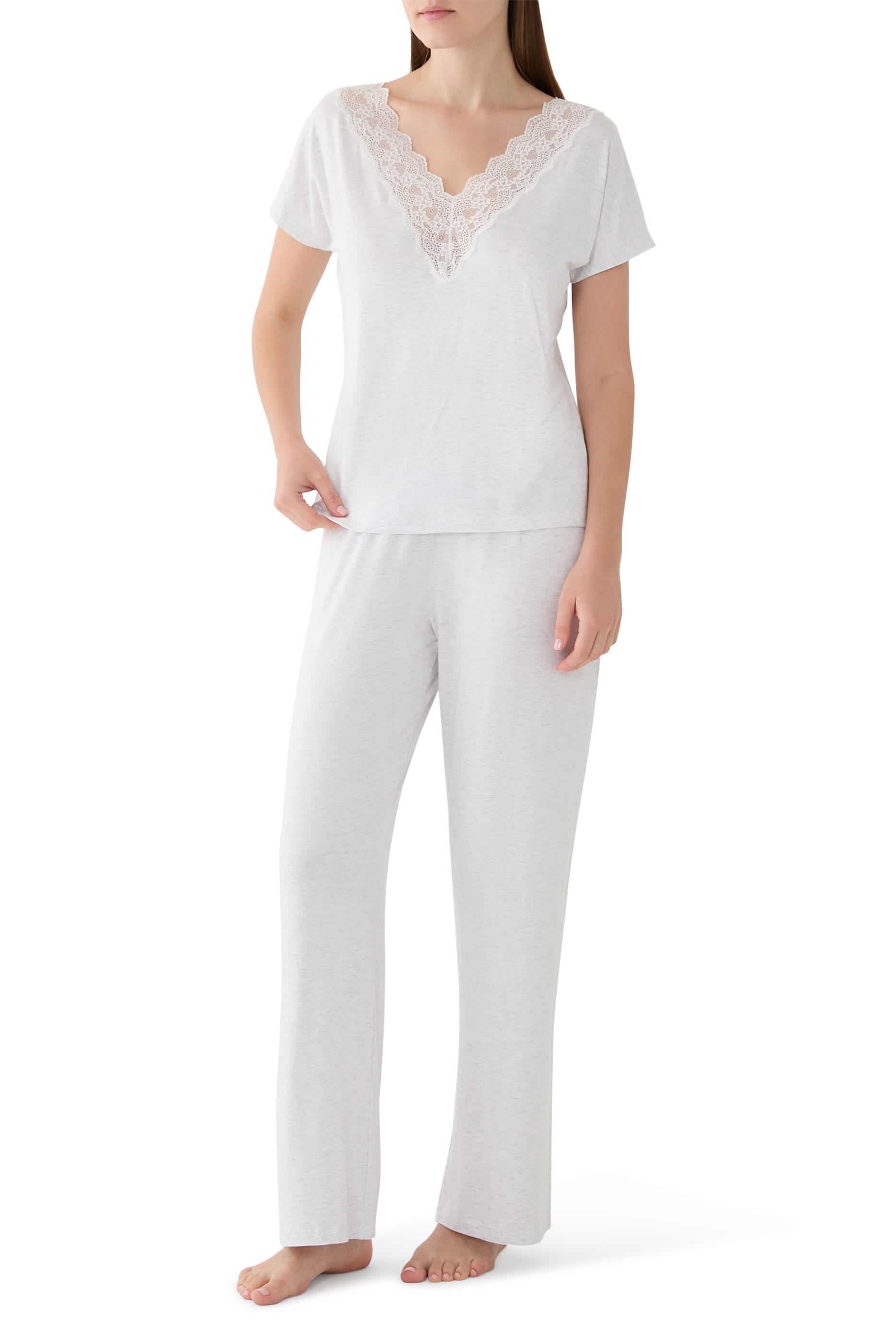 Deep V Lace Jersey Pajama Set