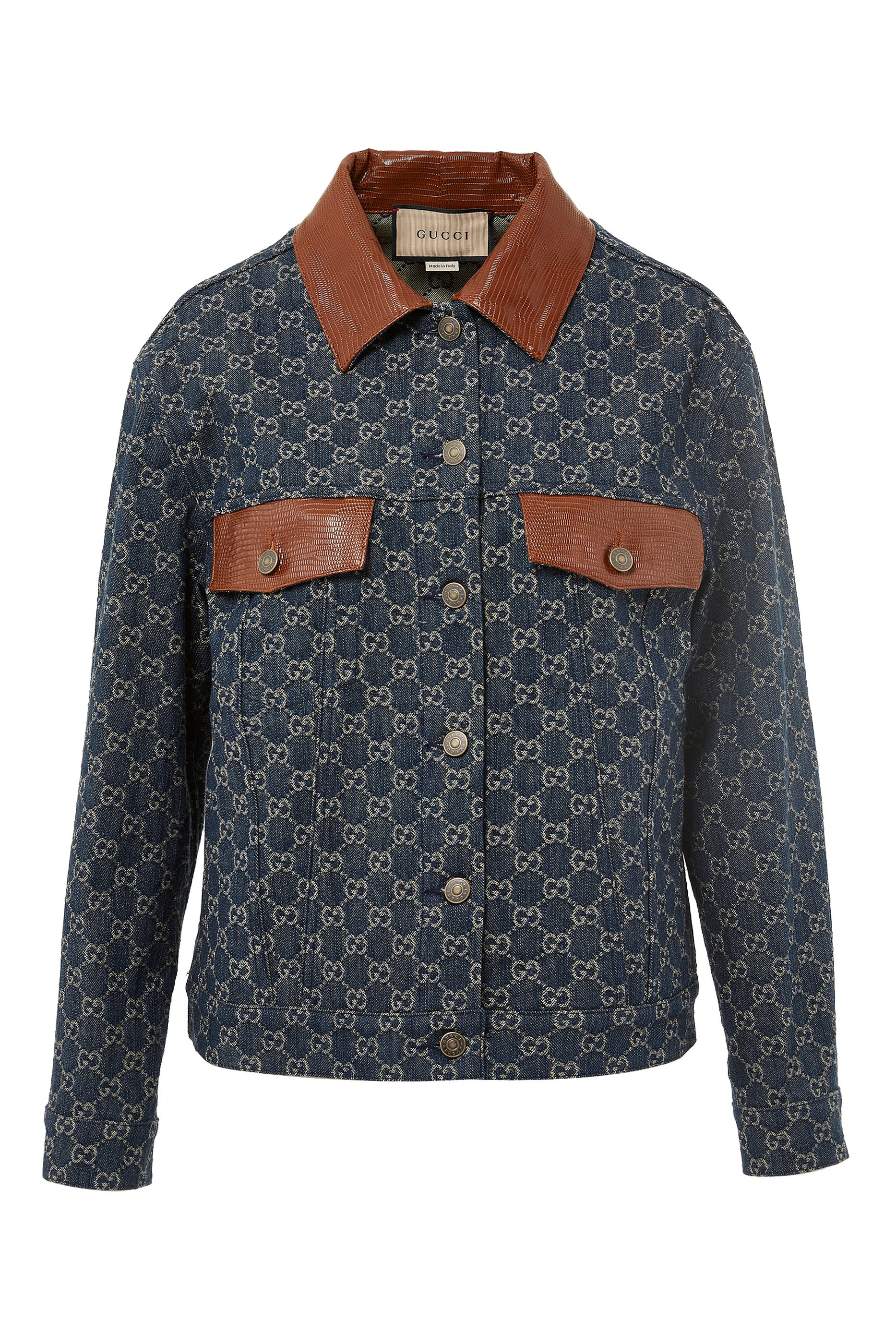 Lizard-effect Leather-Trimmed Denim Jacquard Jacket