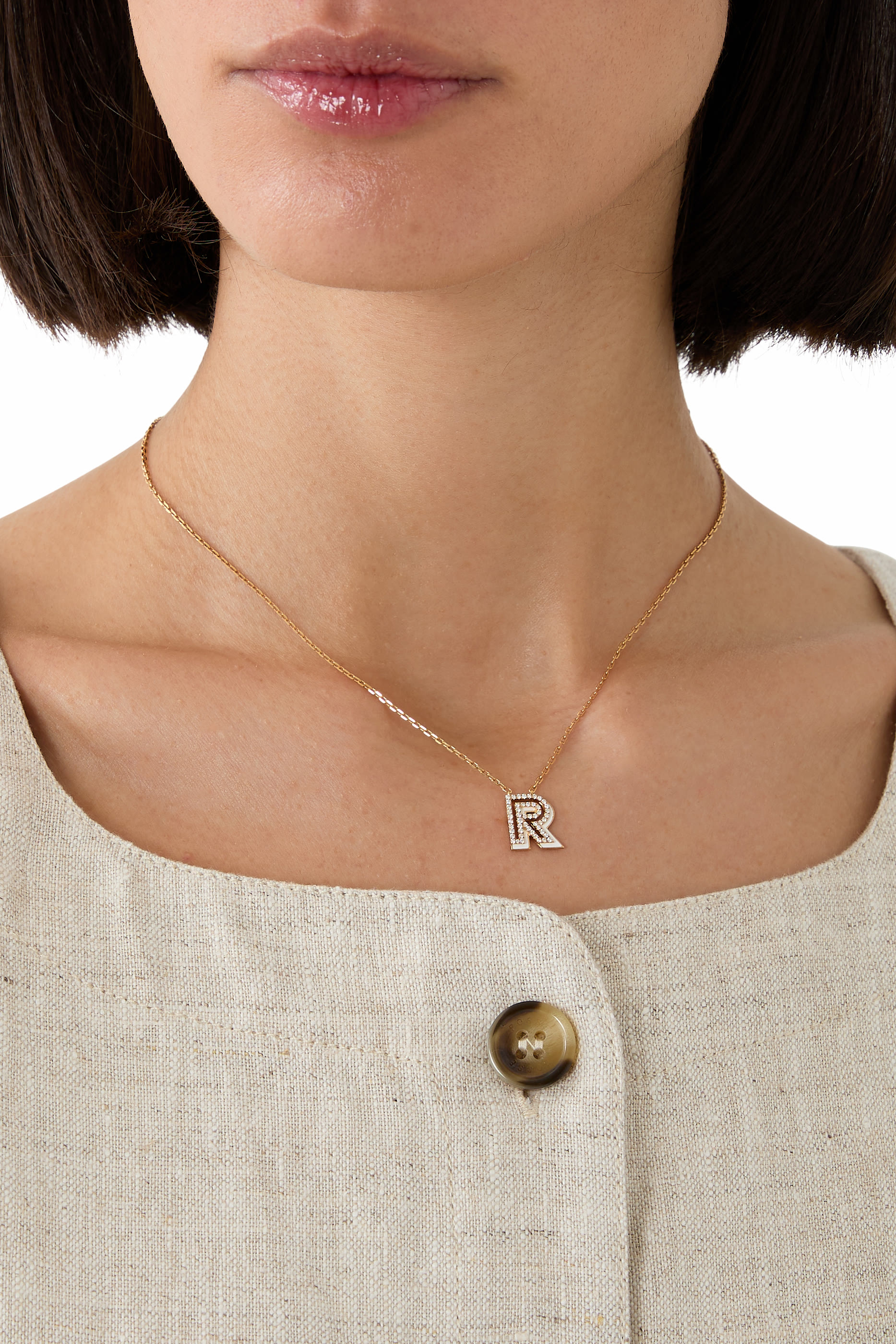 Letter R Silhouette Necklace, 18k Yellow Gold with Diamonds