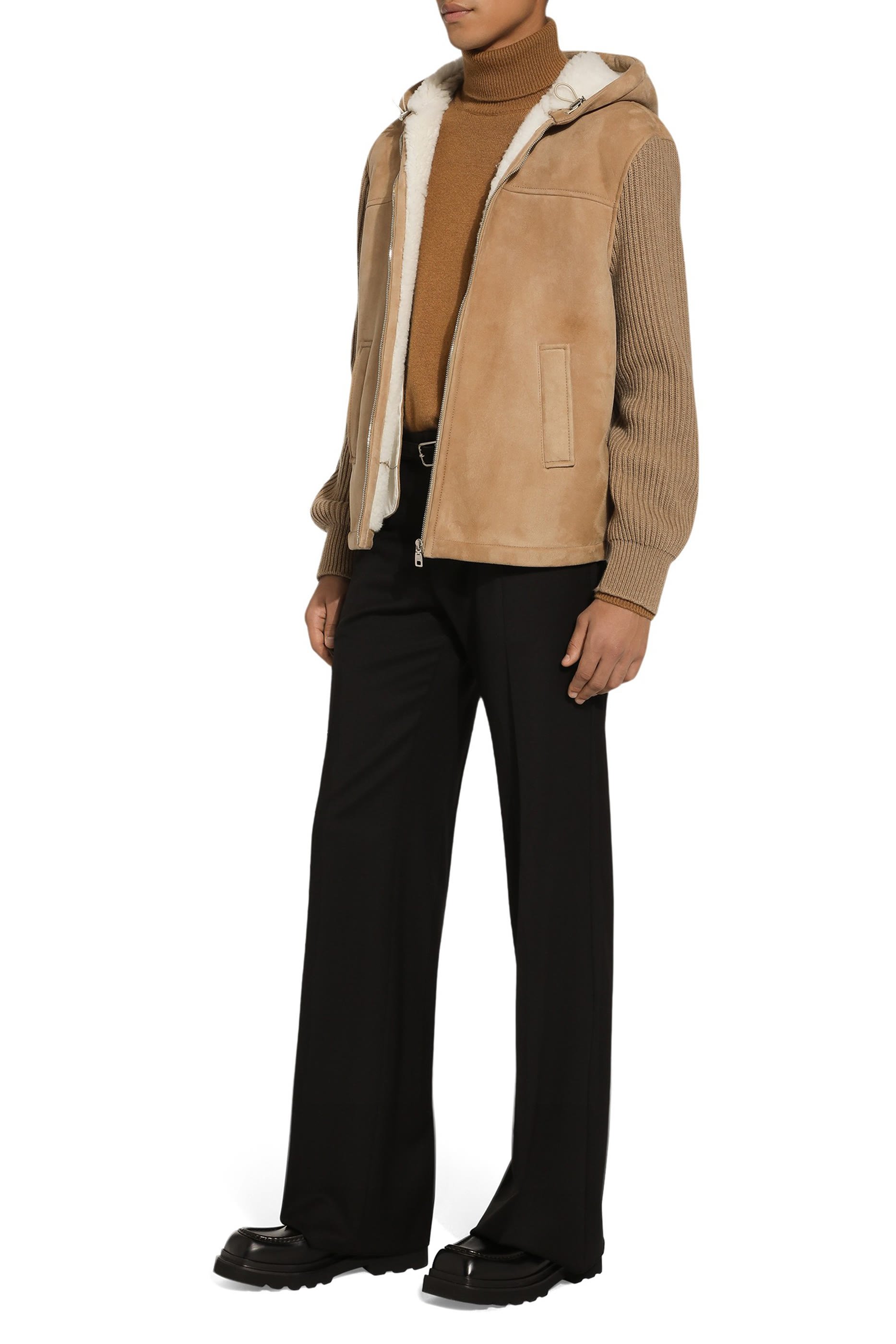 Sheepskin Jacket with Knit Inserts and Hood