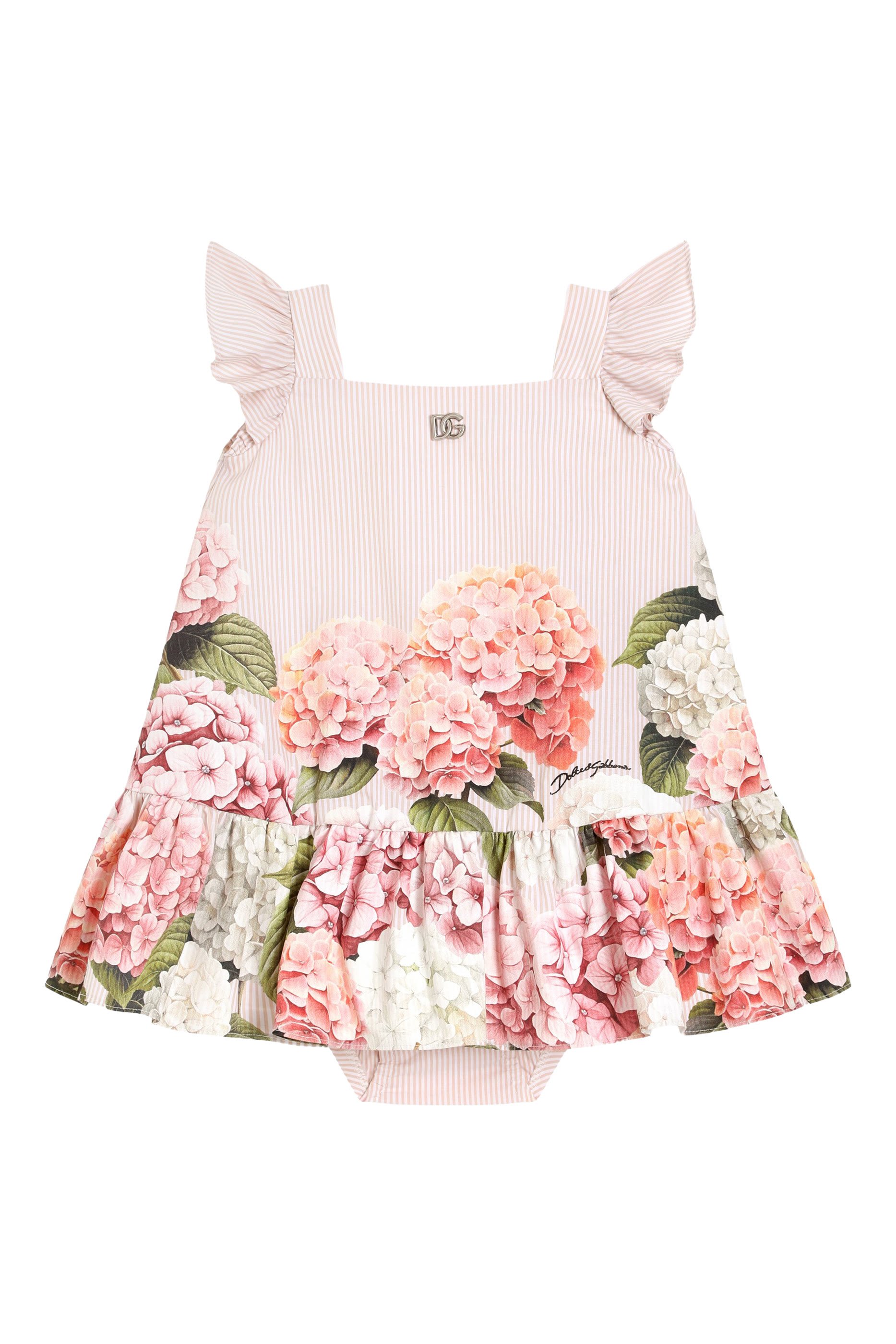 Kids Hydrangea-Print Striped Canvas Dress